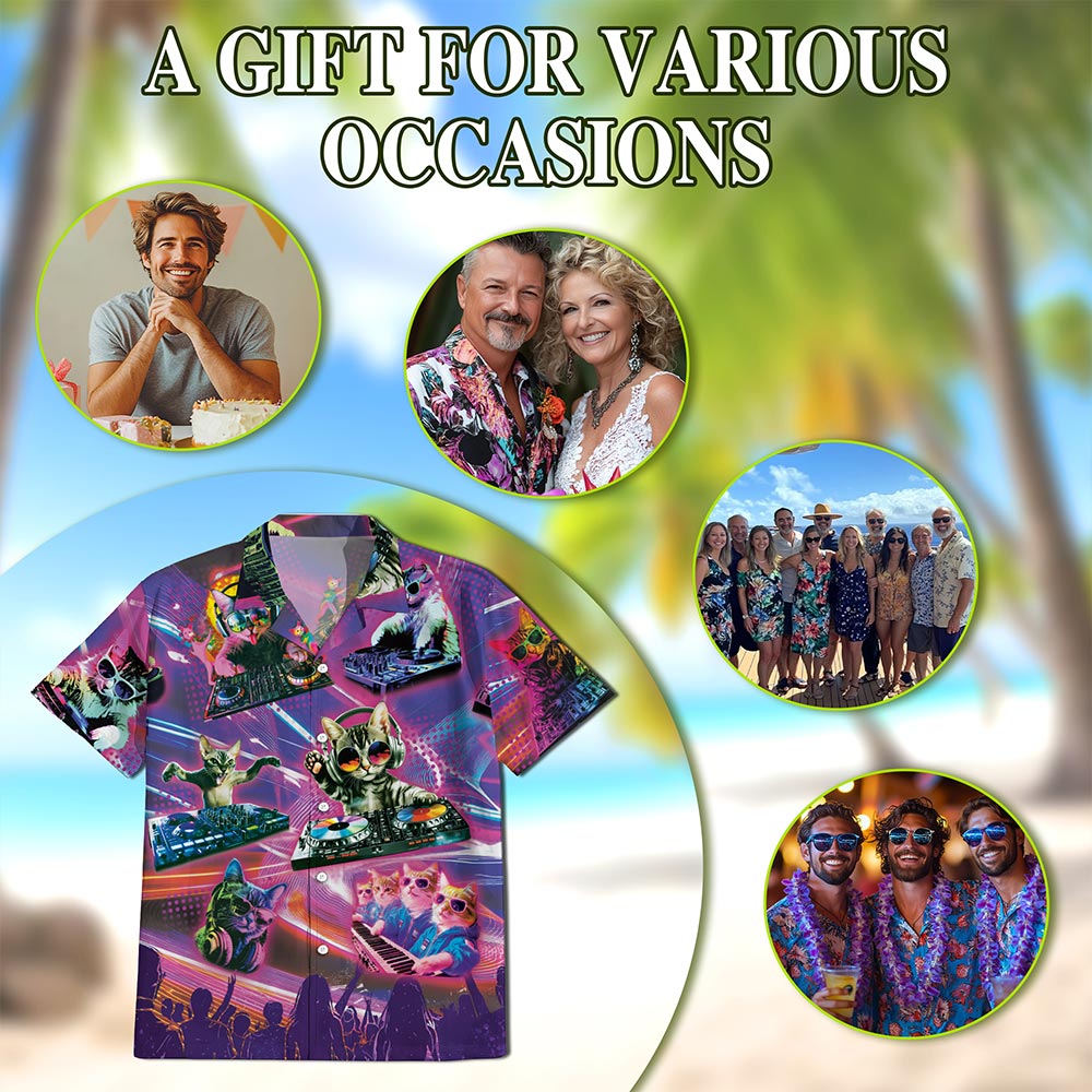 Netecom DJ Cat Cool Neon Hawaiian Shirt for Men, Funny Style, Button Down Summer Beach Short Sleeve, S-5XL