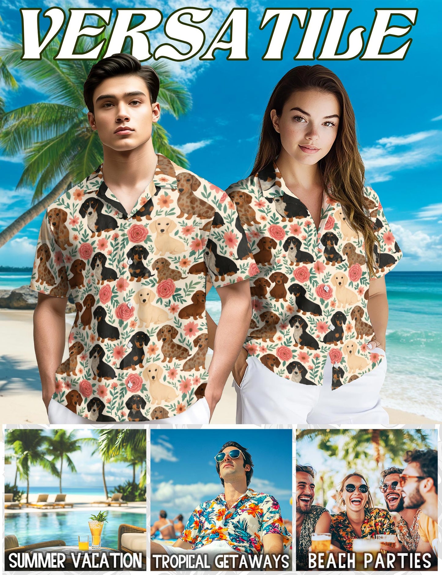 Netecom Dachshund Hawaiian Shirt for Men, Vintage Style, Button Down Summer Beach Short Sleeve, S-5XL