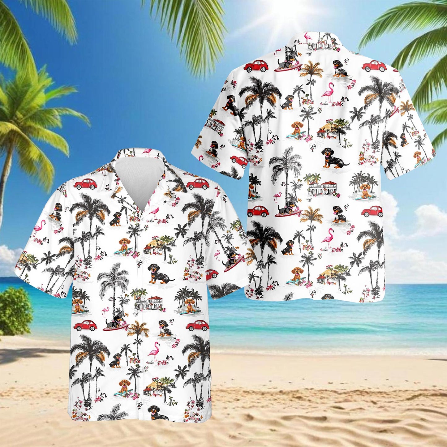 Netecom Dachshund Hawaiian Shirt for Men, Tropical Style, Button Down Summer Beach Short Sleeve, S-5XL