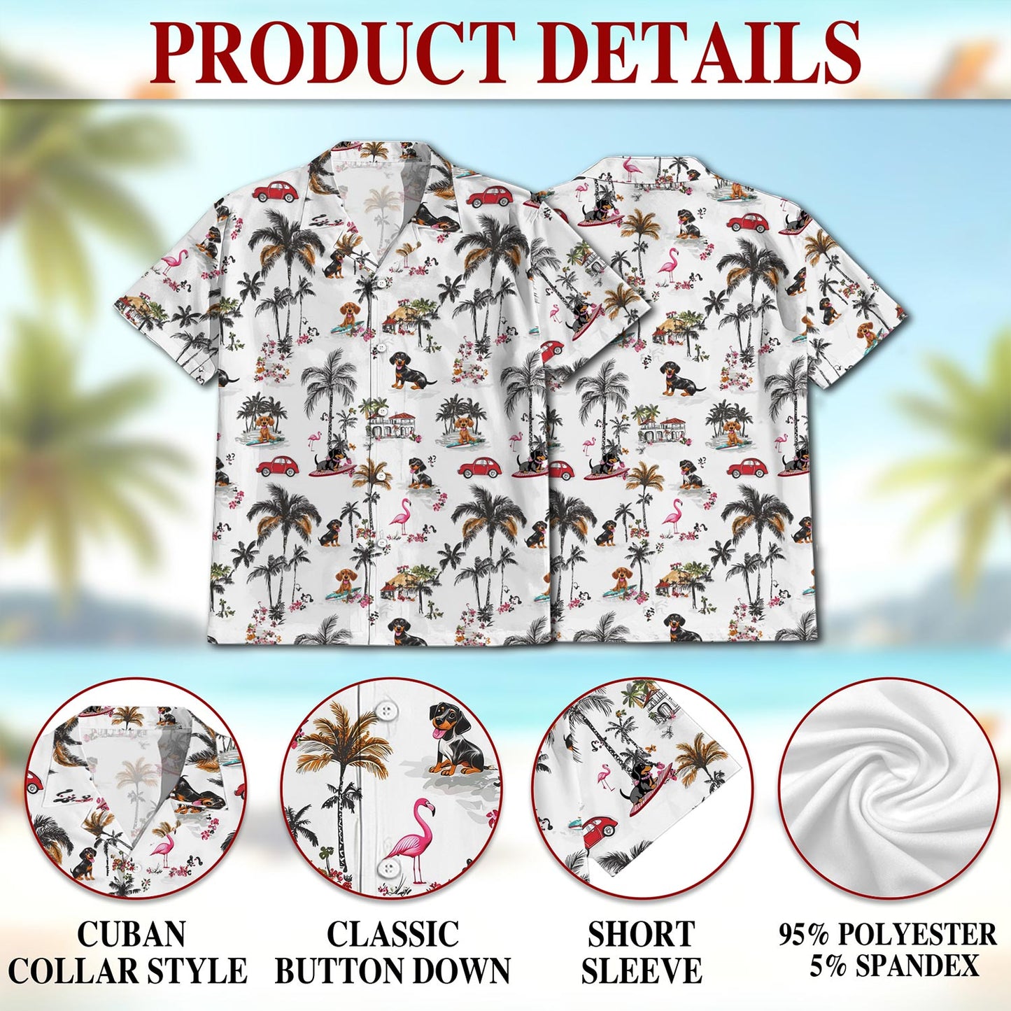 Netecom Dachshund Hawaiian Shirt for Men, Tropical Style, Button Down Summer Beach Short Sleeve, S-5XL