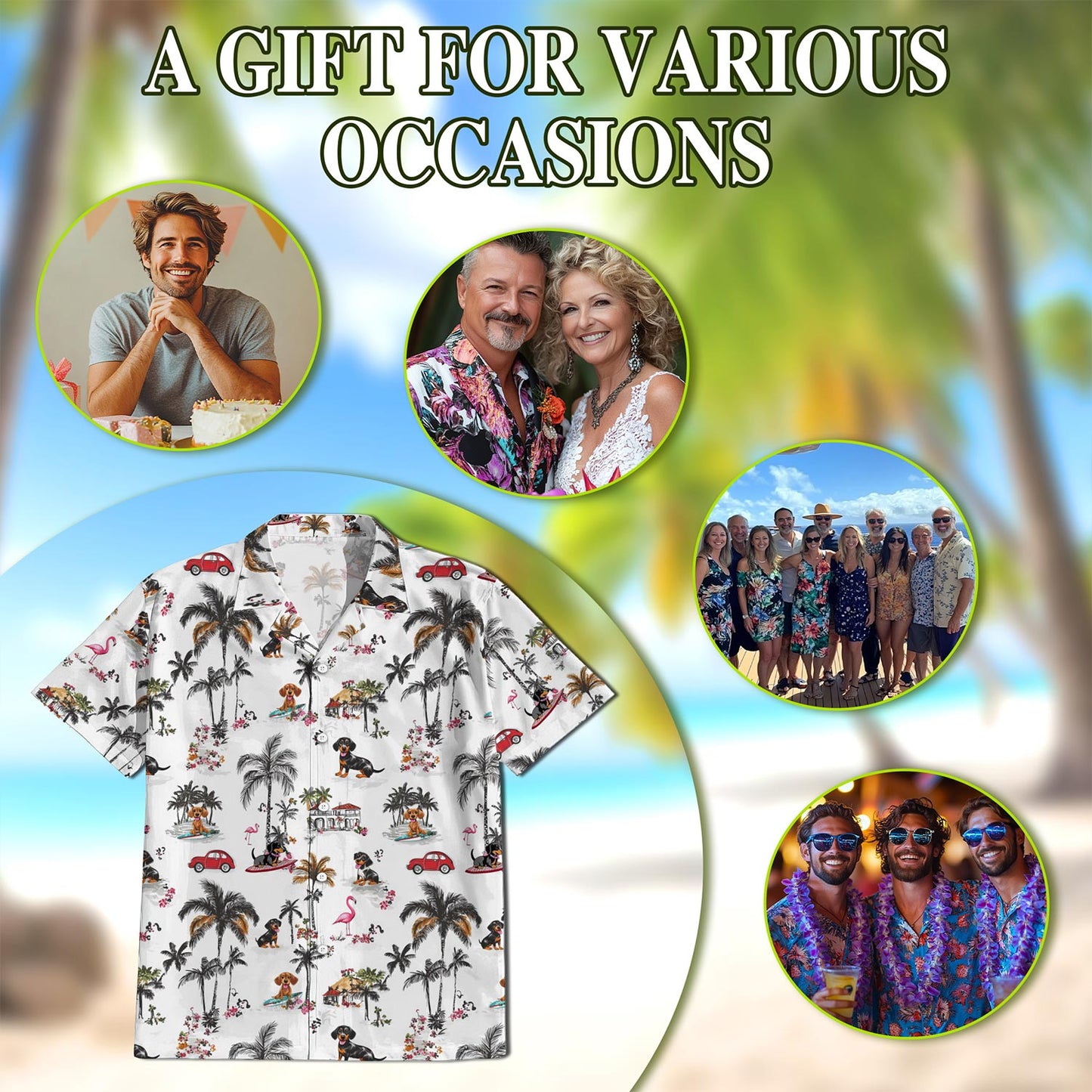 Netecom Dachshund Hawaiian Shirt for Men, Tropical Style, Button Down Summer Beach Short Sleeve, S-5XL