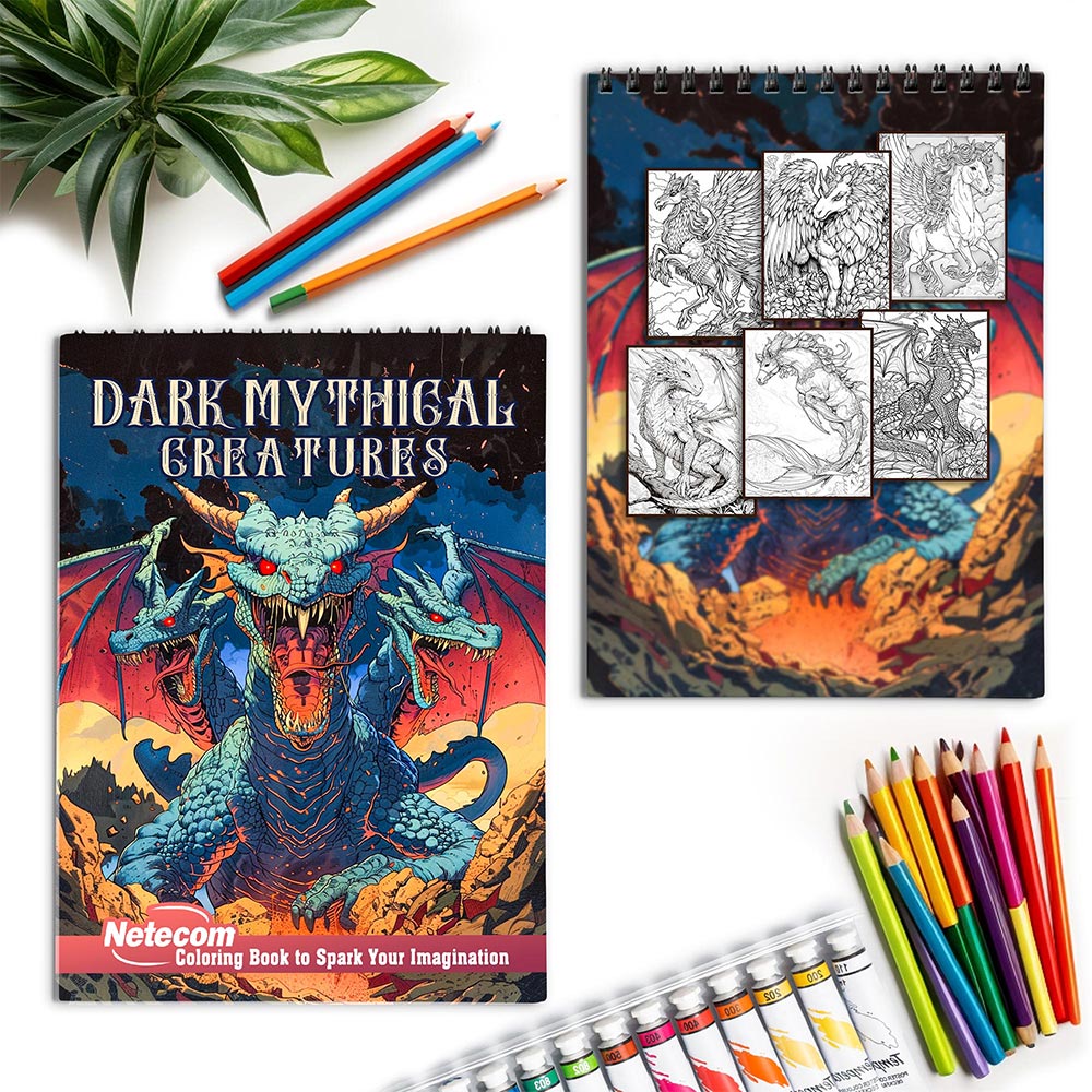 Netecom Dark Mythical Creatures Spiral Coloring Book for Adults