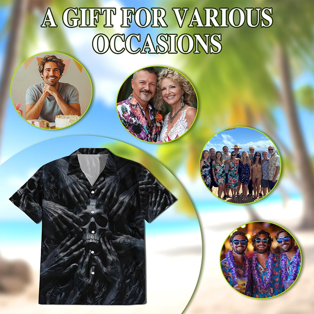 Netecom Dark Skull Hawaiian Shirt for Men, Horror Style, Button Down Summer Beach Short Sleeve, S-5XL