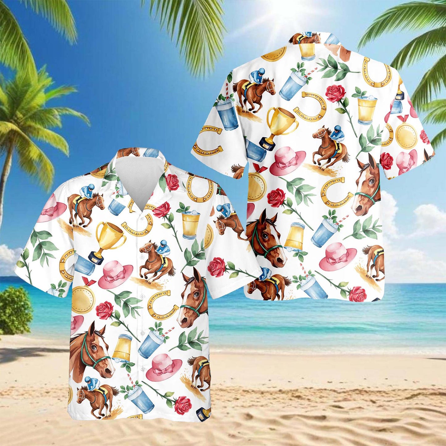 Netecom Derby Horse Hawaiian Shirt for Men, Retro Style, Button Down Summer Beach Short Sleeve, S-5XL