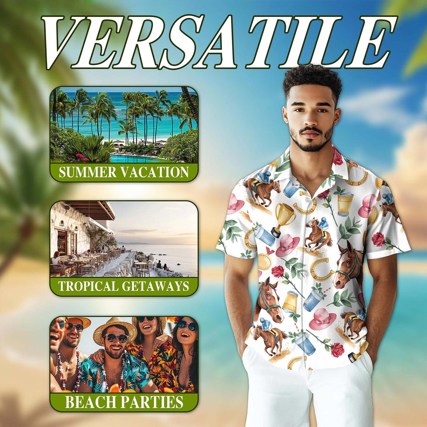 Netecom Derby Horse Hawaiian Shirt for Men, Retro Style, Button Down Summer Beach Short Sleeve, S-5XL