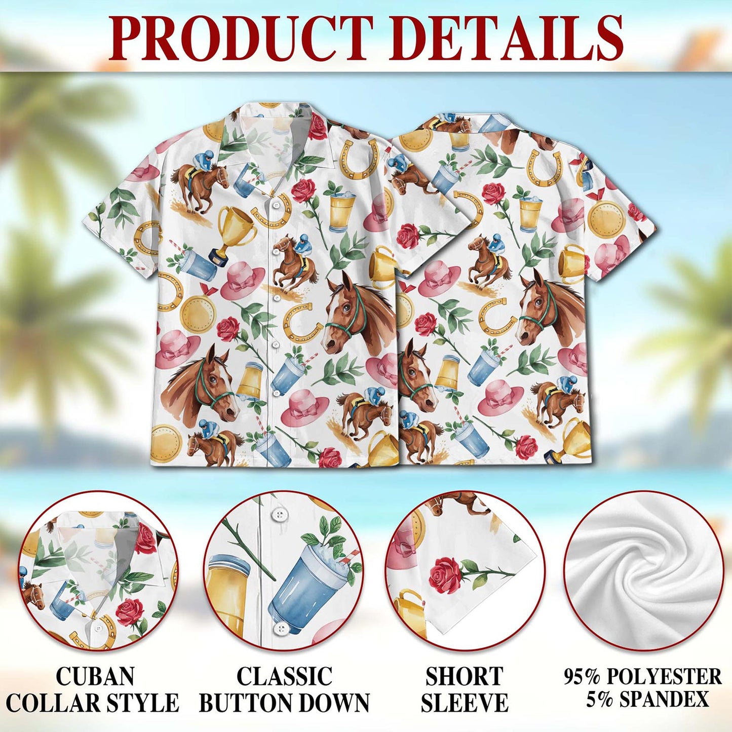 Netecom Derby Horse Hawaiian Shirt for Men, Retro Style, Button Down Summer Beach Short Sleeve, S-5XL
