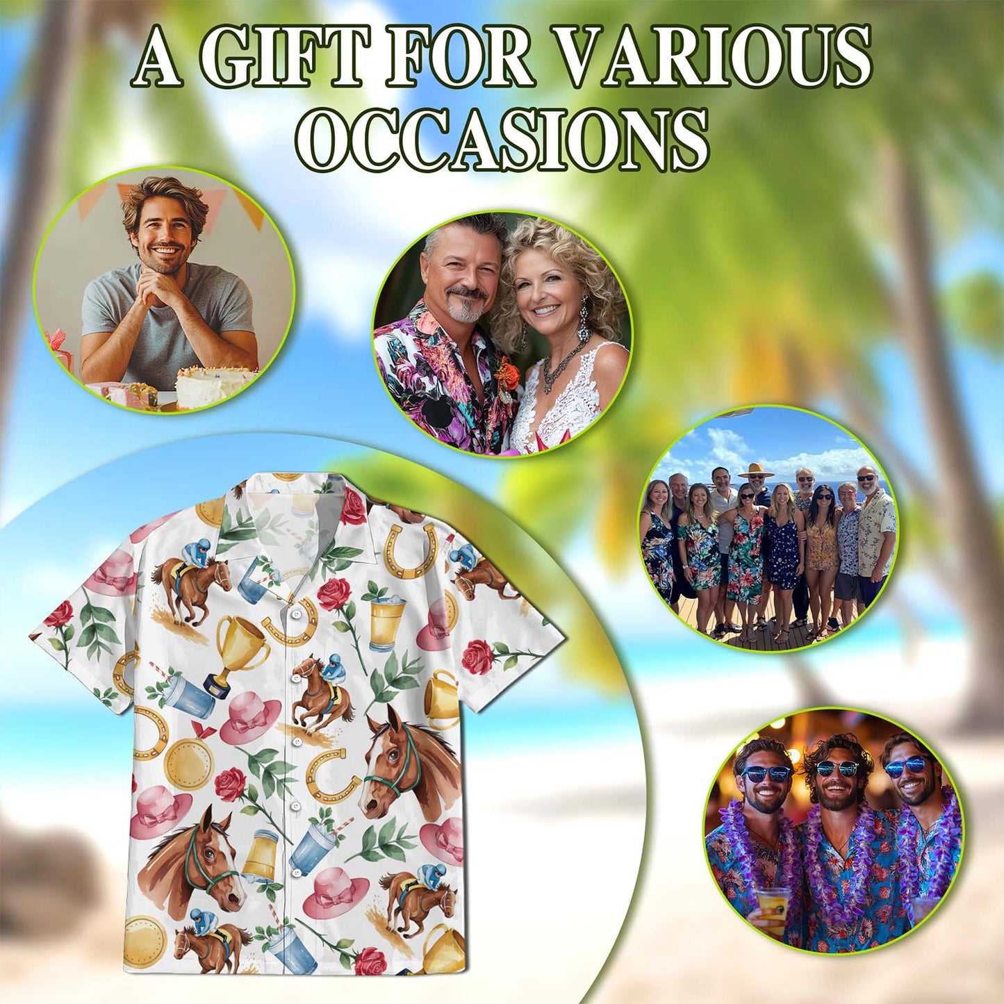 Netecom Derby Horse Hawaiian Shirt for Men, Retro Style, Button Down Summer Beach Short Sleeve, S-5XL