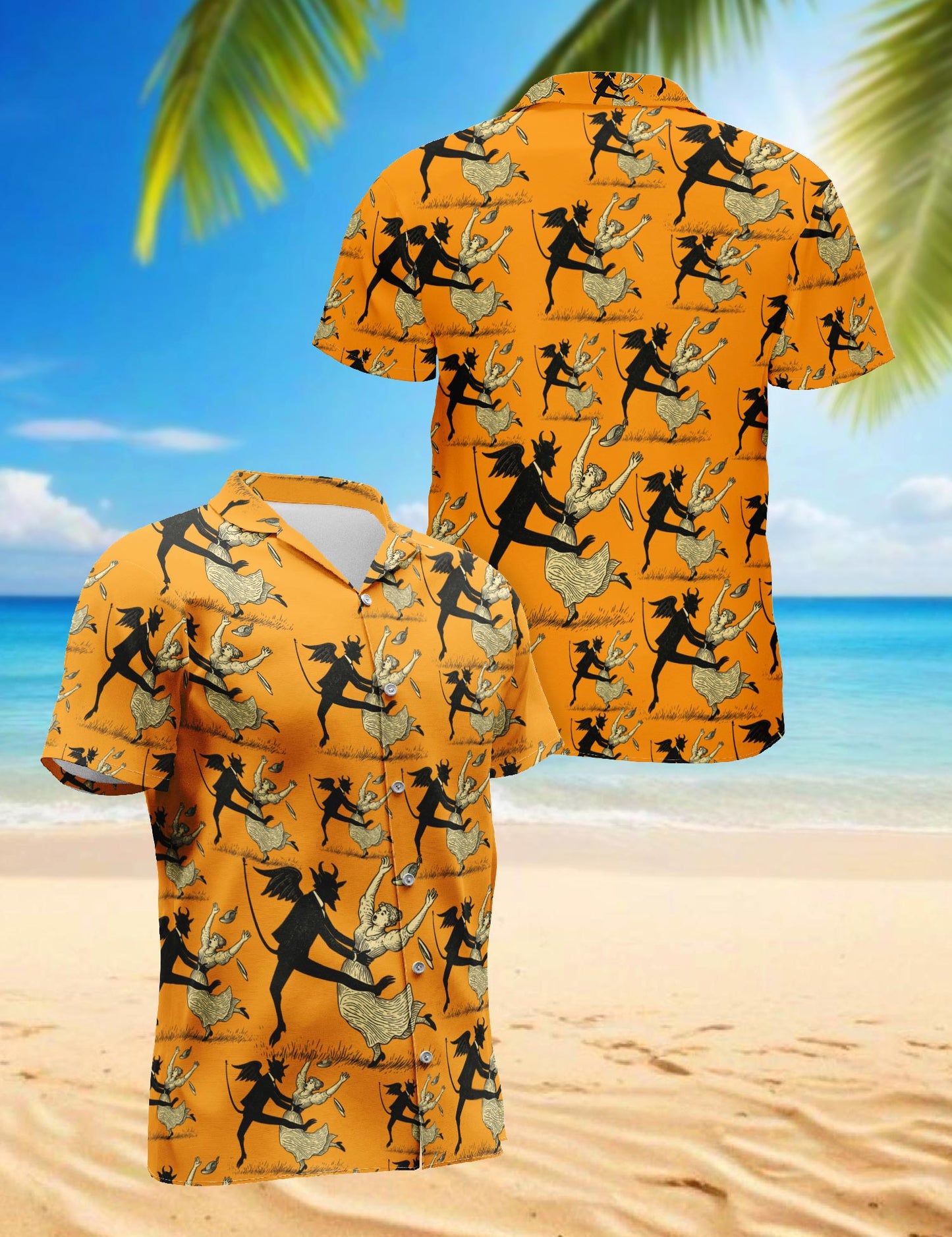 Netecom Devil Dancing With Beauty Halloween Orange Hawaiian Shirt for Men, Vintage Button Down Summer Beach Shirts, S-5XL