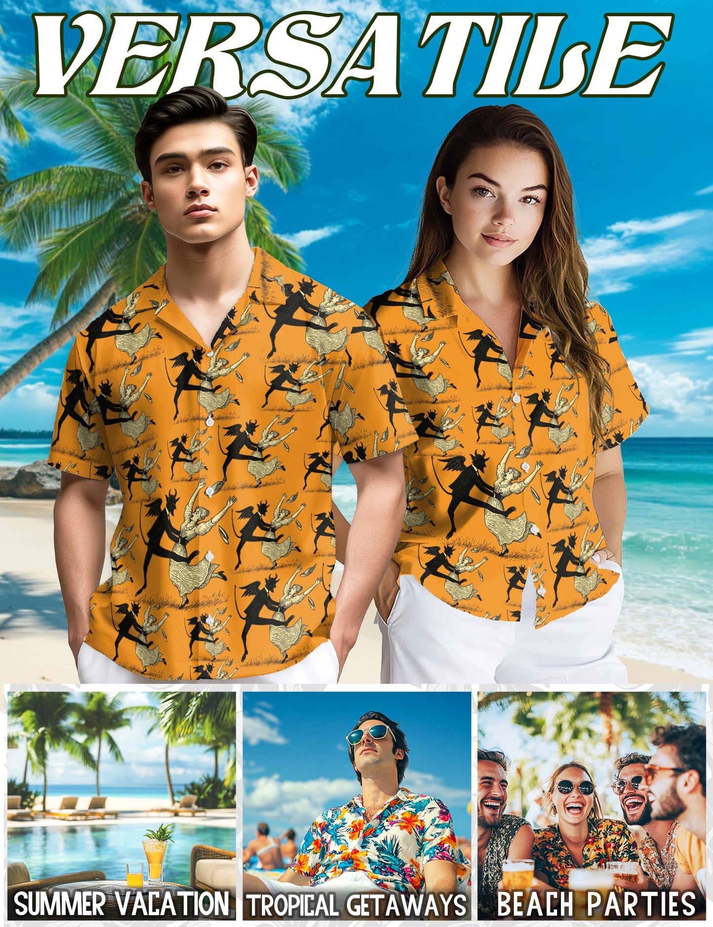 Netecom Devil Dancing With Beauty Halloween Orange Hawaiian Shirt for Men, Vintage Button Down Summer Beach Shirts, S-5XL