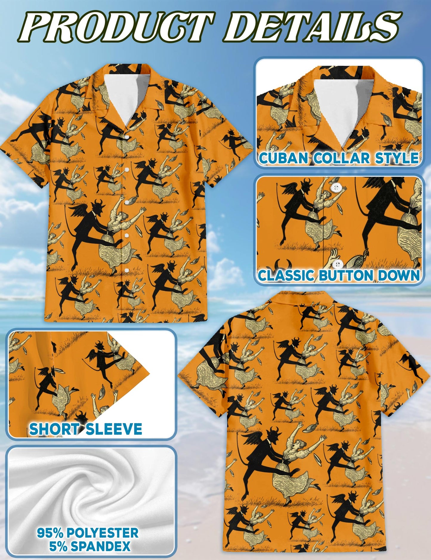 Netecom Devil Dancing With Beauty Halloween Orange Hawaiian Shirt for Men, Vintage Button Down Summer Beach Shirts, S-5XL