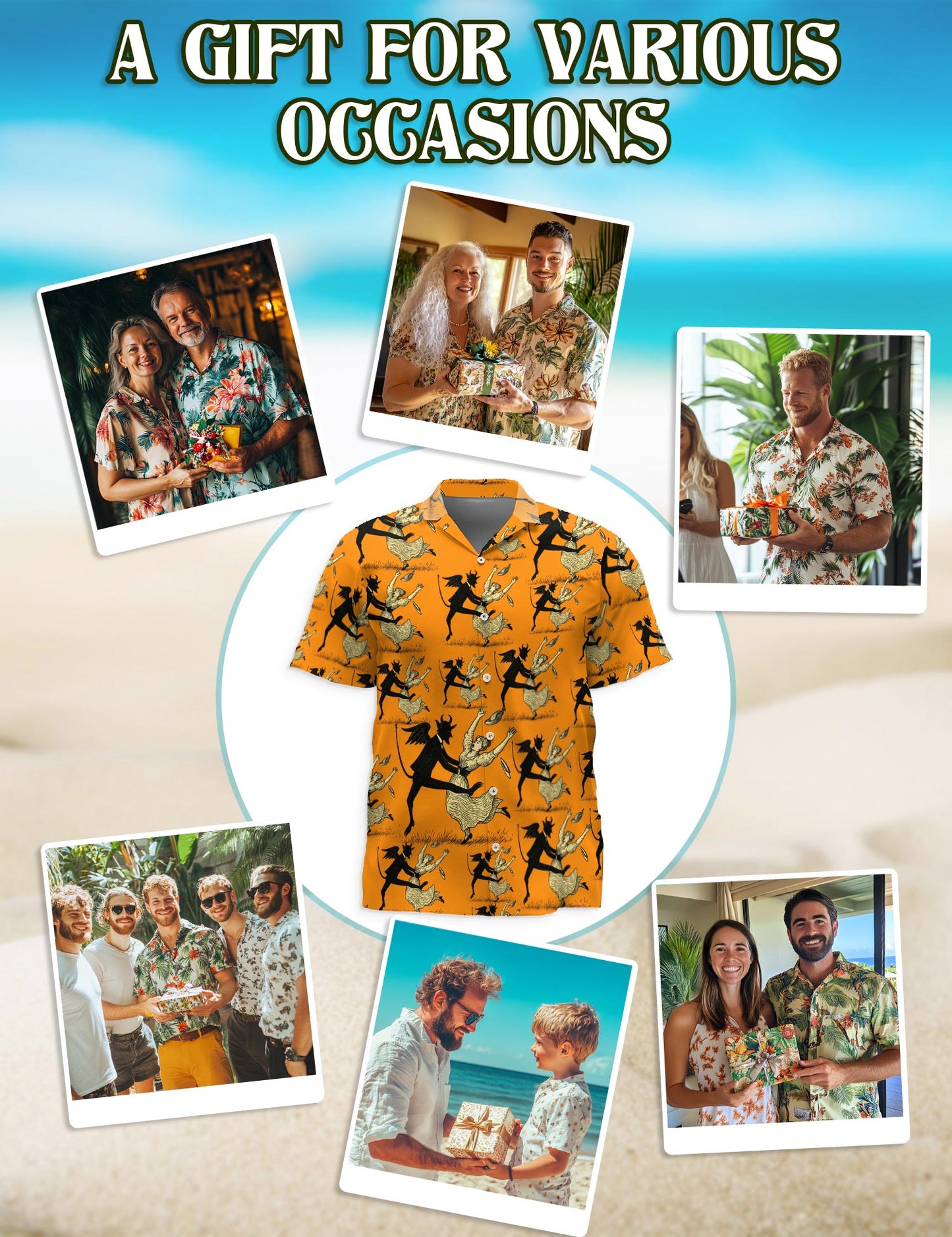 Netecom Devil Dancing With Beauty Halloween Orange Hawaiian Shirt for Men, Vintage Button Down Summer Beach Shirts, S-5XL
