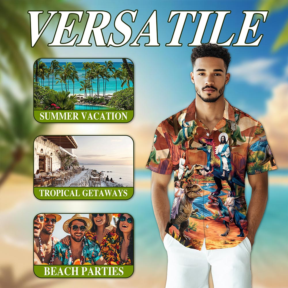 Netecom Dinosaur Hawaiian Shirt for Men, Button Down Summer Beach Short Sleeve, S-5XL
