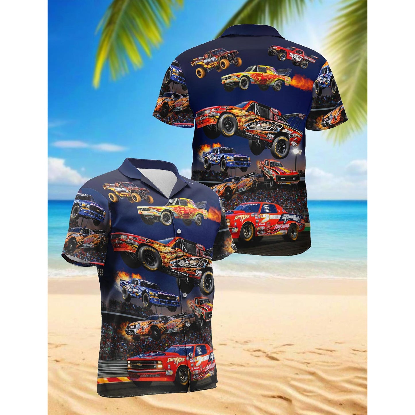 Netecom Dirt Track Racing Car Hawaiian Shirt for Men, Button Down Summer Beach Short Sleeve, Sizes S-5XL