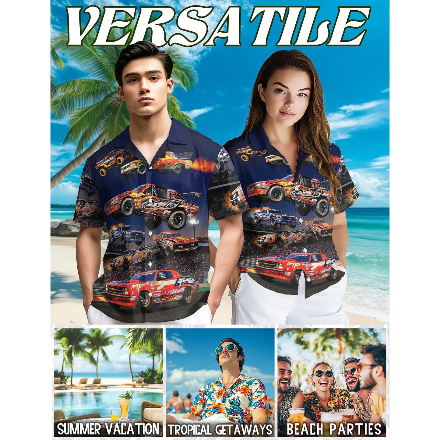 Netecom Dirt Track Racing Car Hawaiian Shirt for Men, Button Down Summer Beach Short Sleeve, Sizes S-5XL