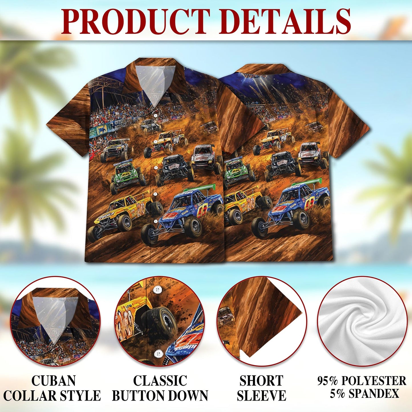 Netecom Dirt Track Racing Hawaiian Shirt for Men, Button Down Summer Beach Short Sleeve, Sizes S-5XL