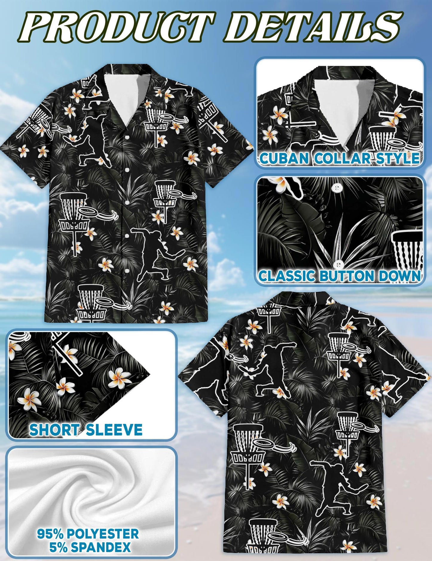 Netecom Disc Golf Tropical Flowers Hawaiian Shirt for Men, Tropical Style, Button Down Summer Beach Short Sleeve, Sizes S-5XL