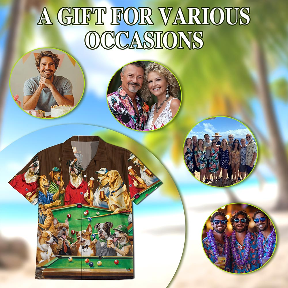 Netecom Dogs Playing Billiard Pool Hawaiian Shirt for Men, Funny Dog Lover Gifts, Button Down Summer Beach Shirts, Sizes S-5XL
