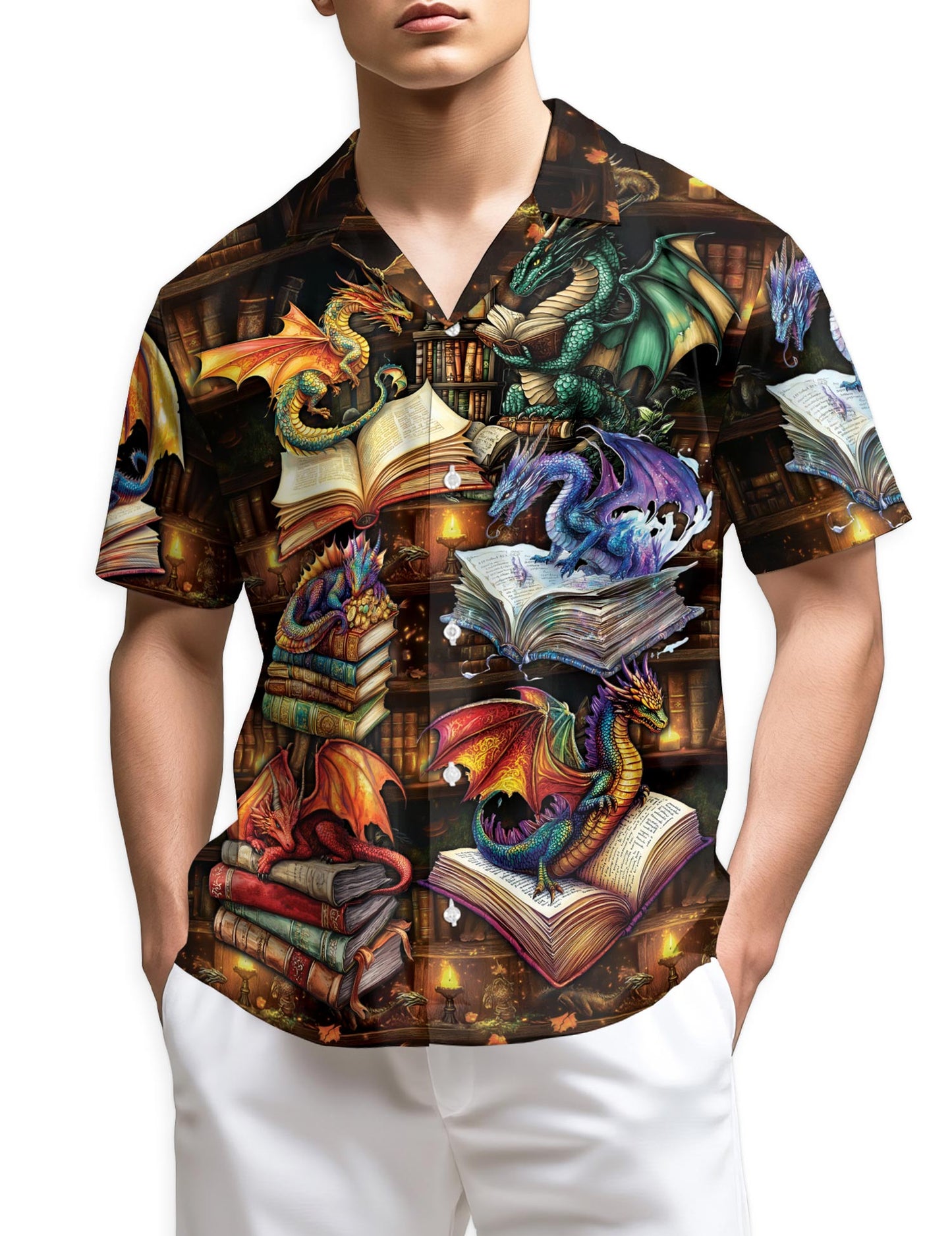 Netecom Dragon Book Hawaiian Shirt for Men, Tropical Style, Button Down Summer Beach Short Sleeve, S-5XL