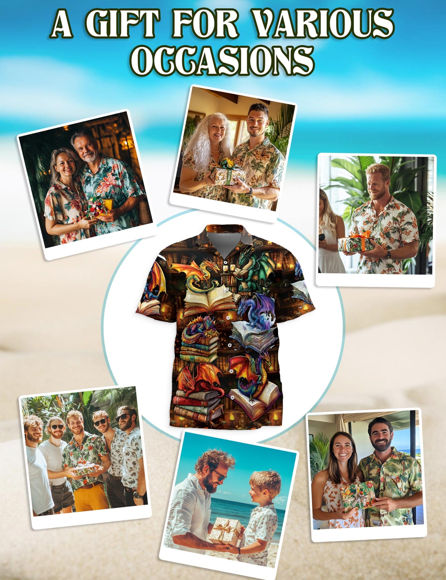 Netecom Dragon Book Hawaiian Shirt for Men, Tropical Style, Button Down Summer Beach Short Sleeve, S-5XL