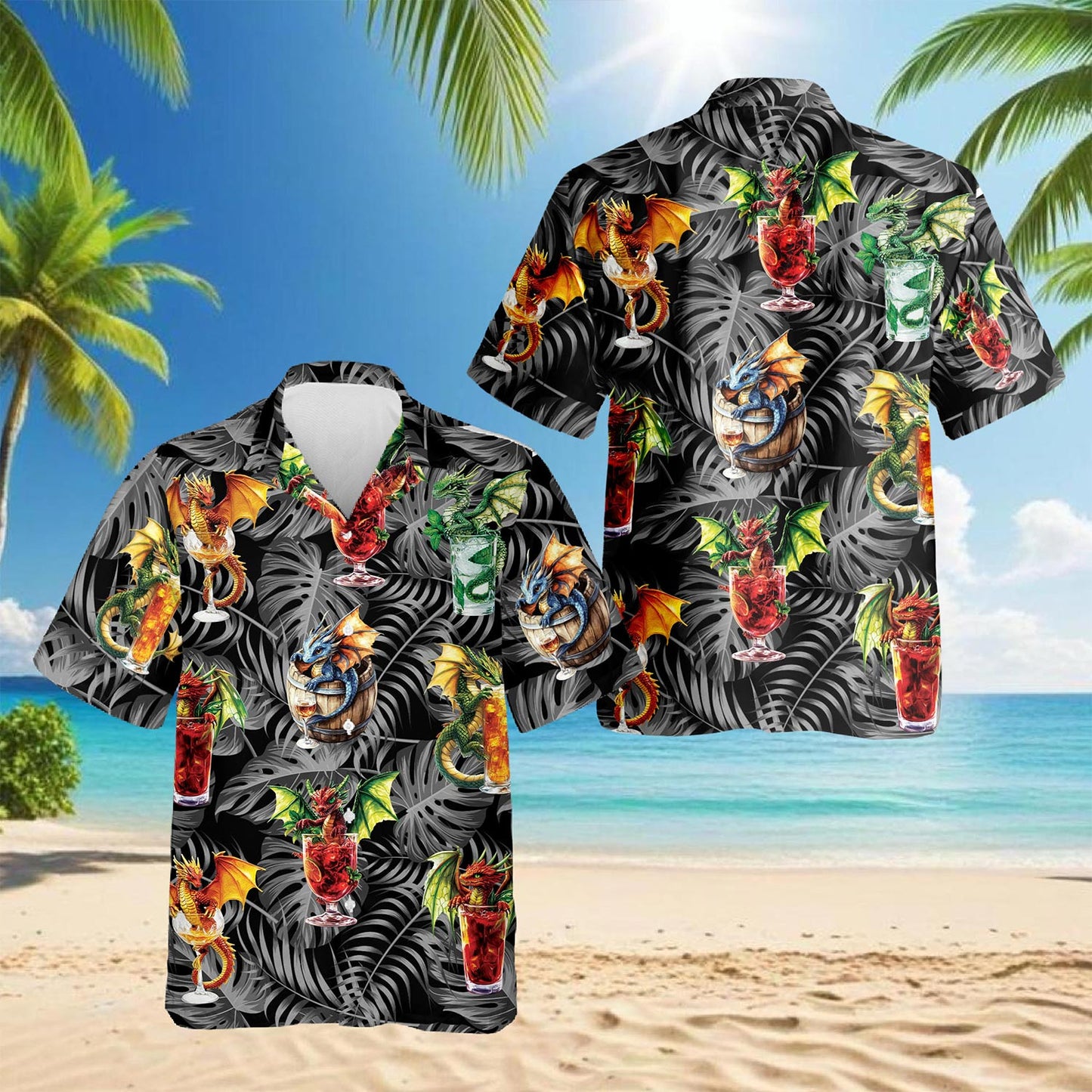 Netecom Dragon Cocktail Hawaiian Shirt for Men, Button Down Summer Beach Short Sleeve, Tropical Style, Sizes S-5XL