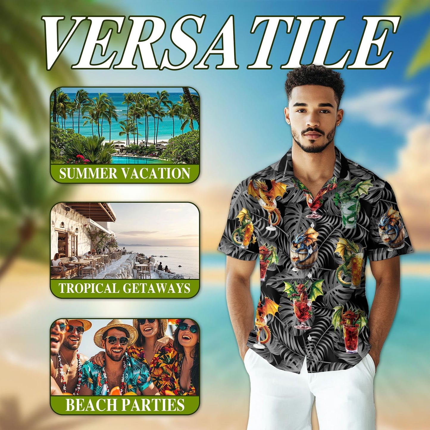 Netecom Dragon Cocktail Hawaiian Shirt for Men, Button Down Summer Beach Short Sleeve, Tropical Style, Sizes S-5XL