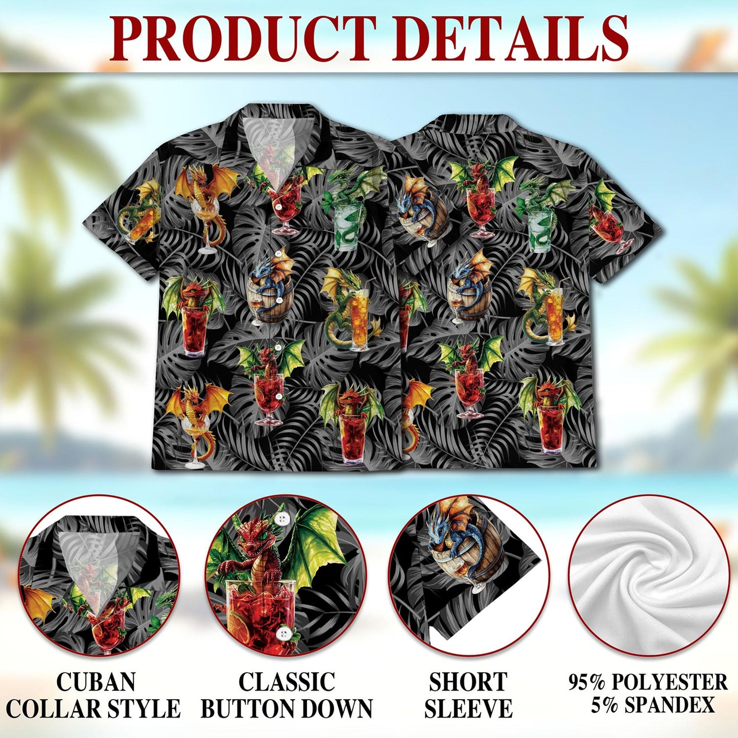 Netecom Dragon Cocktail Hawaiian Shirt for Men, Button Down Summer Beach Short Sleeve, Tropical Style, Sizes S-5XL
