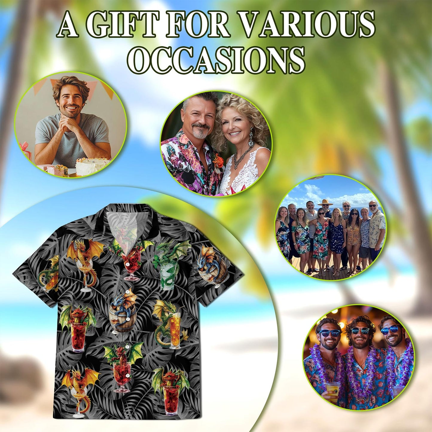 Netecom Dragon Cocktail Hawaiian Shirt for Men, Button Down Summer Beach Short Sleeve, Tropical Style, Sizes S-5XL