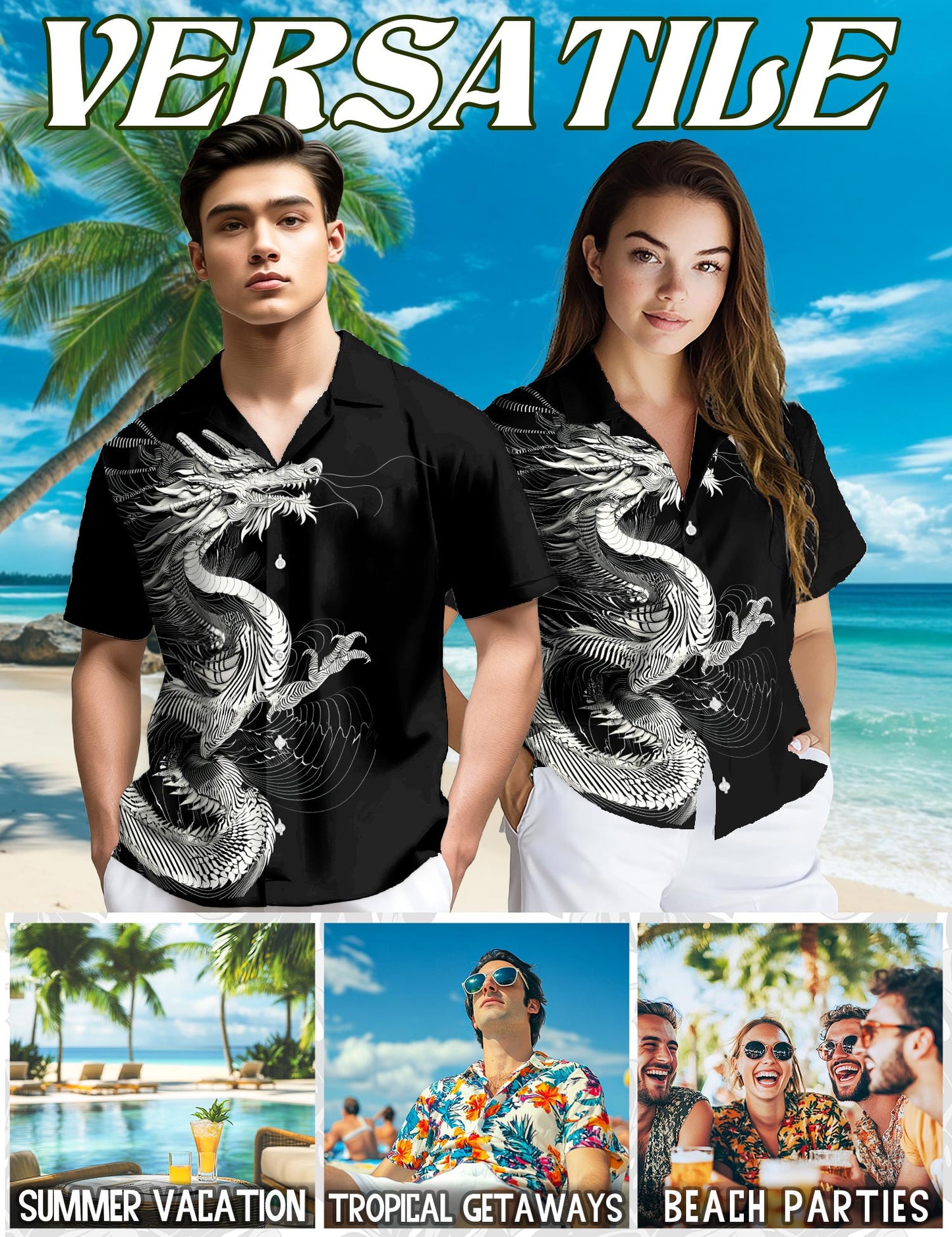 Netecom Dragon Hawaiian Shirt for Men, Button Down Summer Beach Short Sleeve, Vintage Style, Sizes S-5XL