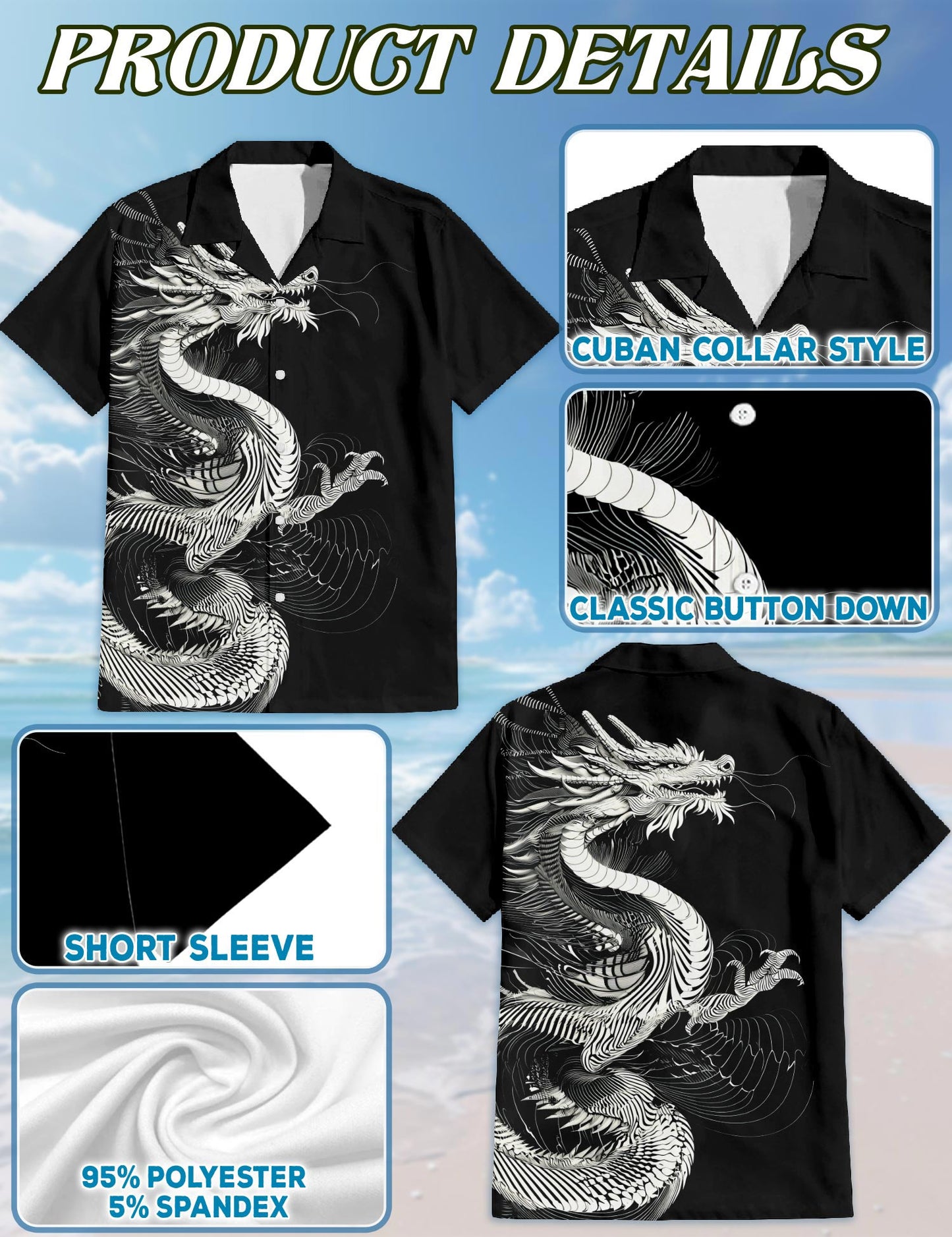 Netecom Dragon Hawaiian Shirt for Men, Button Down Summer Beach Short Sleeve, Vintage Style, Sizes S-5XL
