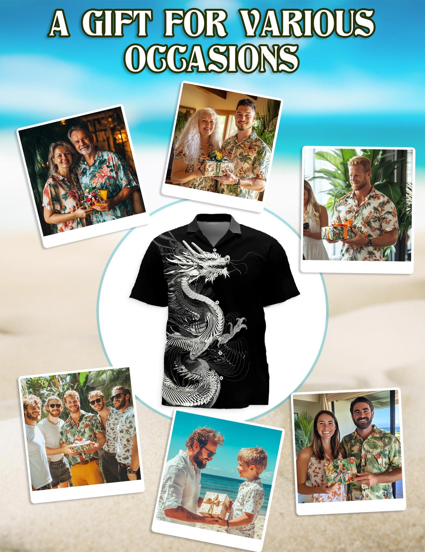 Netecom Dragon Hawaiian Shirt for Men, Button Down Summer Beach Short Sleeve, Vintage Style, Sizes S-5XL