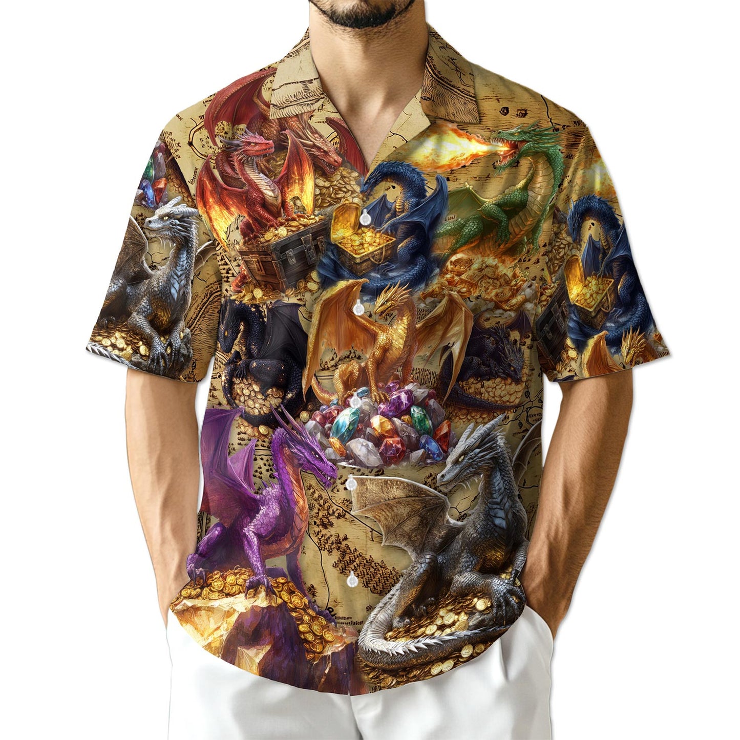 Netecom Dragon Treasure Hawaiian Shirt for Men, Legendary Fire-Breathing Style, Button Down Summer Beach Short Sleeve, S-5XL