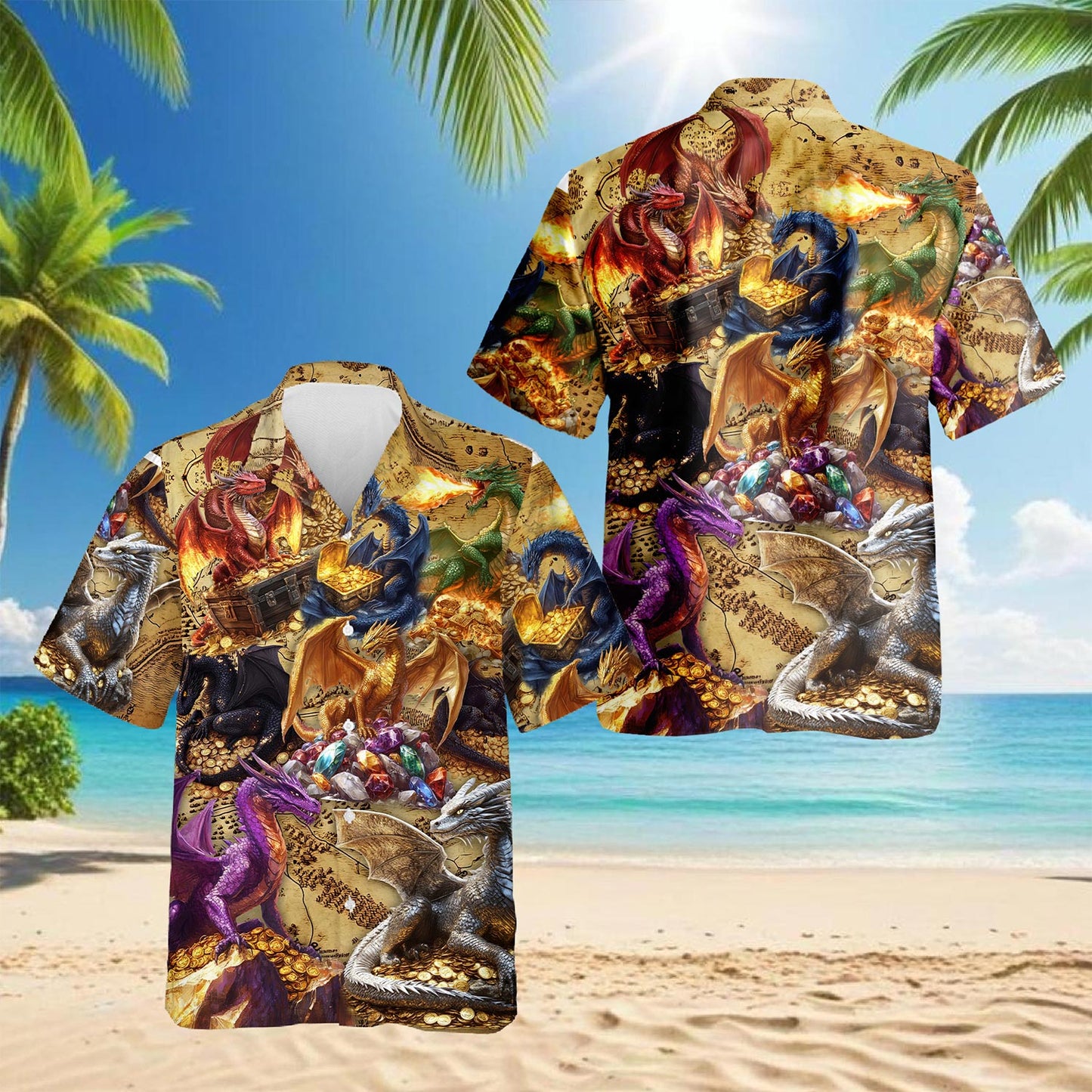Netecom Dragon Treasure Hawaiian Shirt for Men, Legendary Fire-Breathing Style, Button Down Summer Beach Short Sleeve, S-5XL