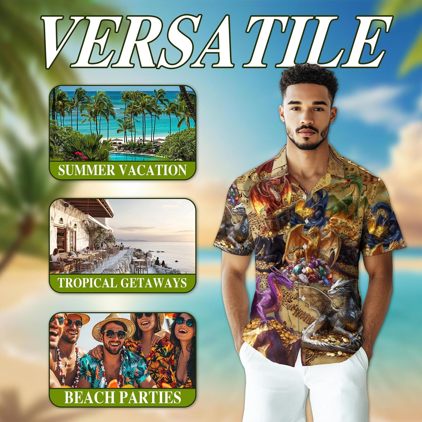 Netecom Dragon Treasure Hawaiian Shirt for Men, Legendary Fire-Breathing Style, Button Down Summer Beach Short Sleeve, S-5XL
