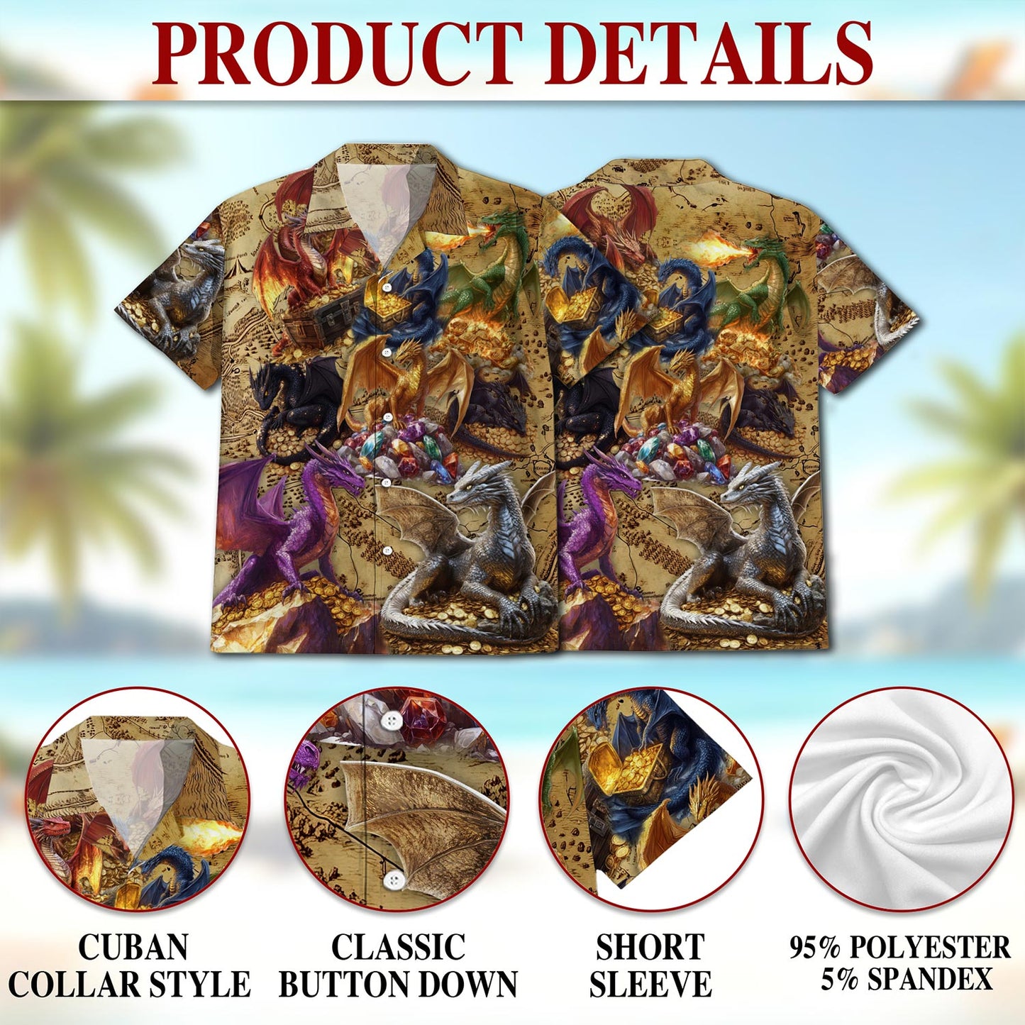 Netecom Dragon Treasure Hawaiian Shirt for Men, Legendary Fire-Breathing Style, Button Down Summer Beach Short Sleeve, S-5XL