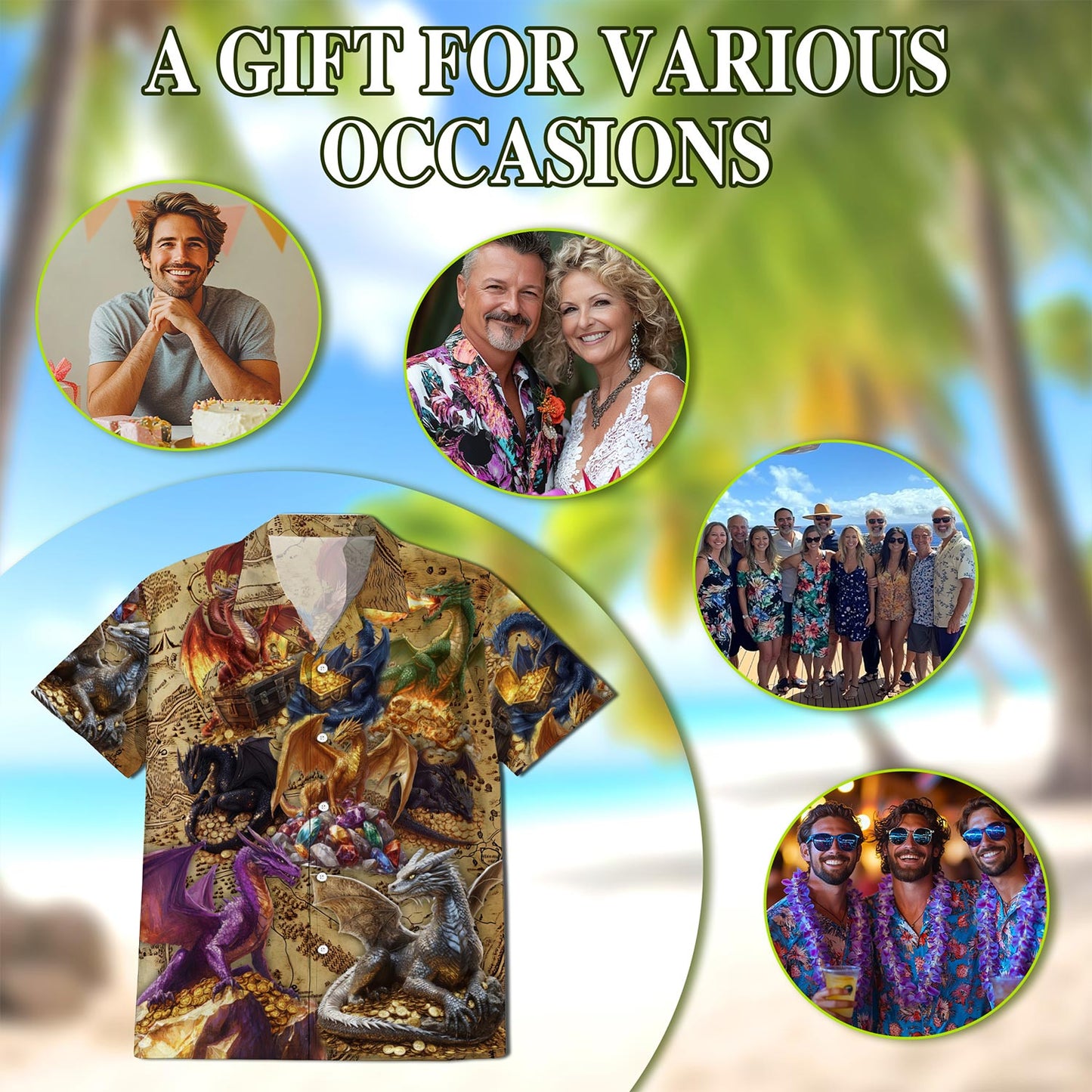 Netecom Dragon Treasure Hawaiian Shirt for Men, Legendary Fire-Breathing Style, Button Down Summer Beach Short Sleeve, S-5XL