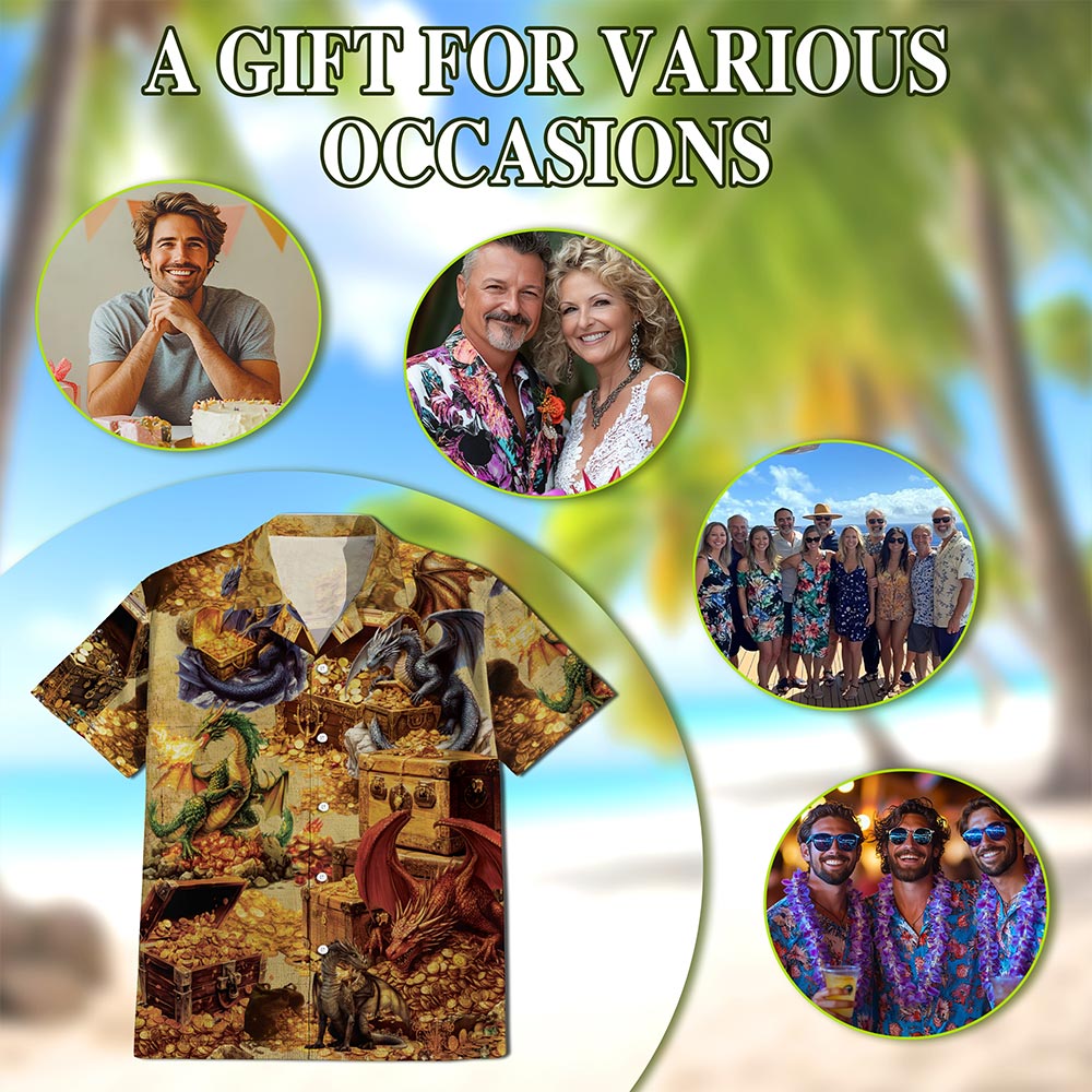 Netecom Dragon and Treasure Hawaiian Shirt for Men, Mythical Creature Button Down Summer Beach Short Sleeve, S-5XL