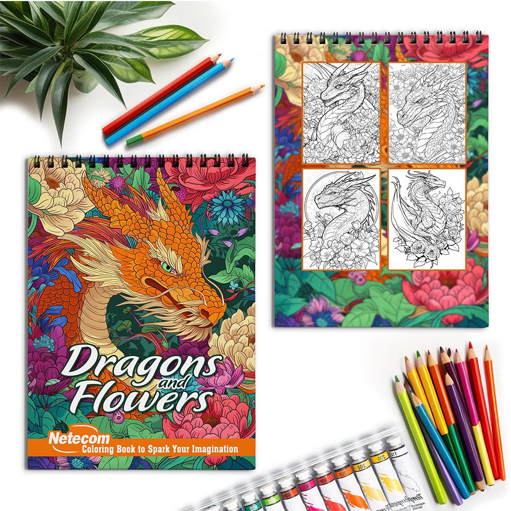 Netecom Dragons and Flowers Spiral Coloring Book for Adults