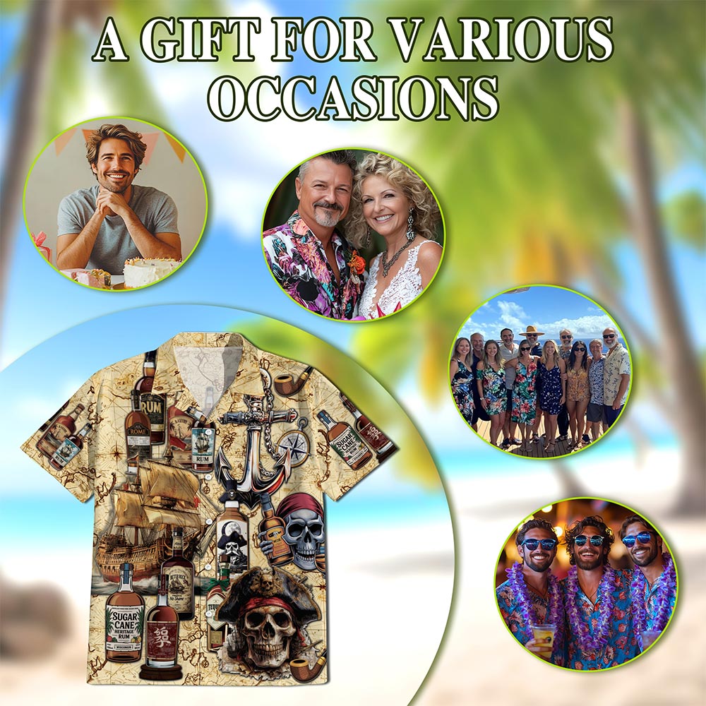 Netecom Drinking Rum Hawaiian Shirt for Men, Vintage Pirate Style, Button Down Summer Beach Short Sleeve, S-5XL