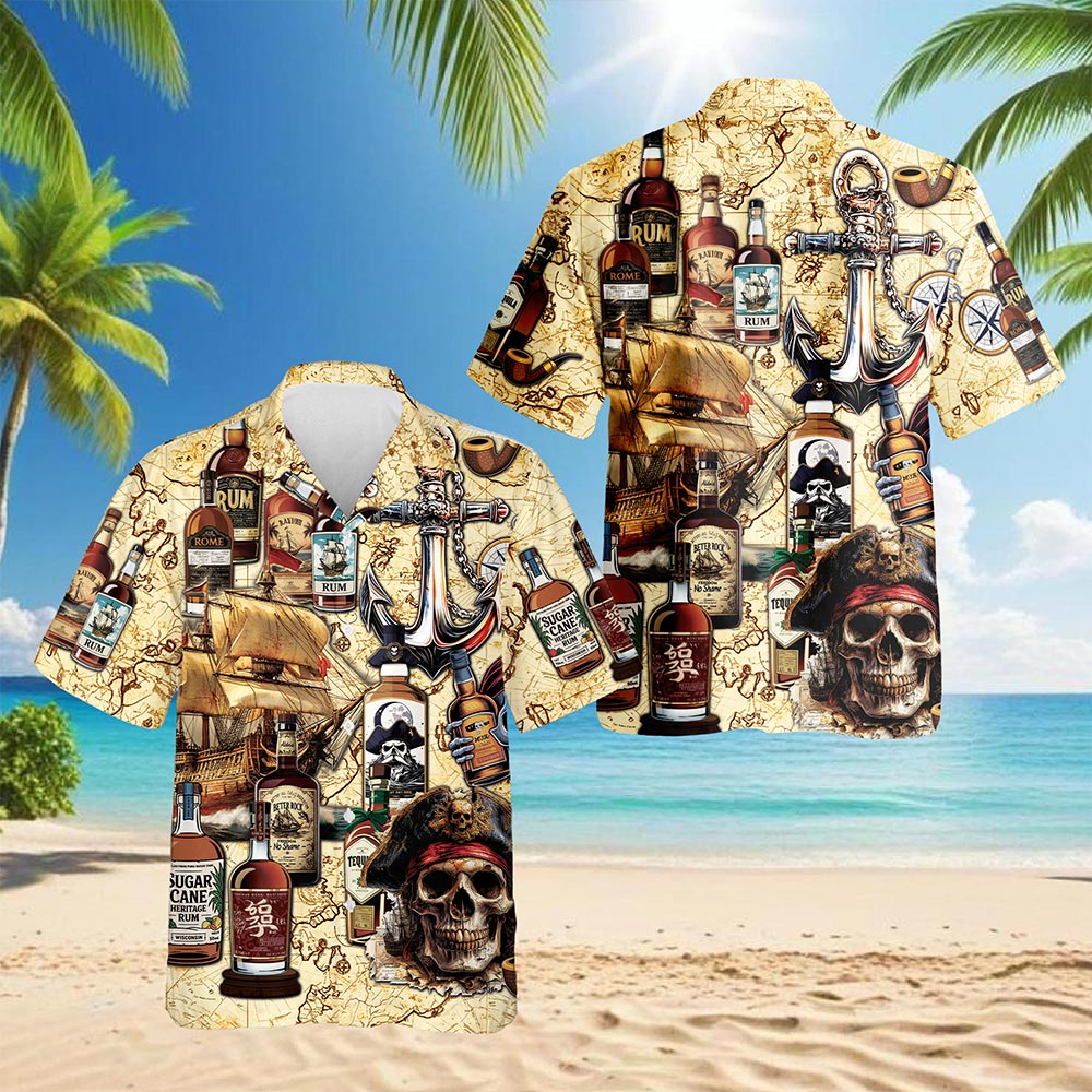 Netecom Drinking Rum Hawaiian Shirt for Men, Vintage Pirate Style, Button Down Summer Beach Short Sleeve, S-5XL