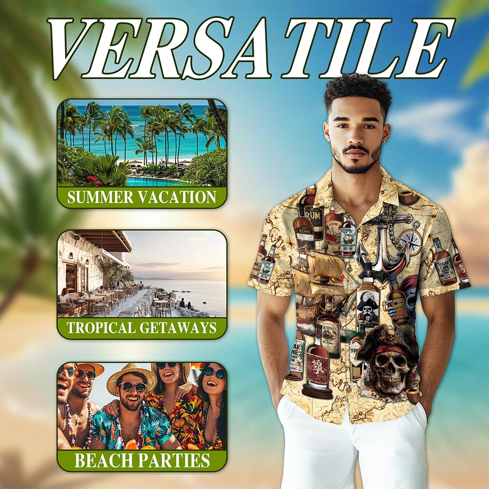 Netecom Drinking Rum Hawaiian Shirt for Men, Vintage Pirate Style, Button Down Summer Beach Short Sleeve, S-5XL
