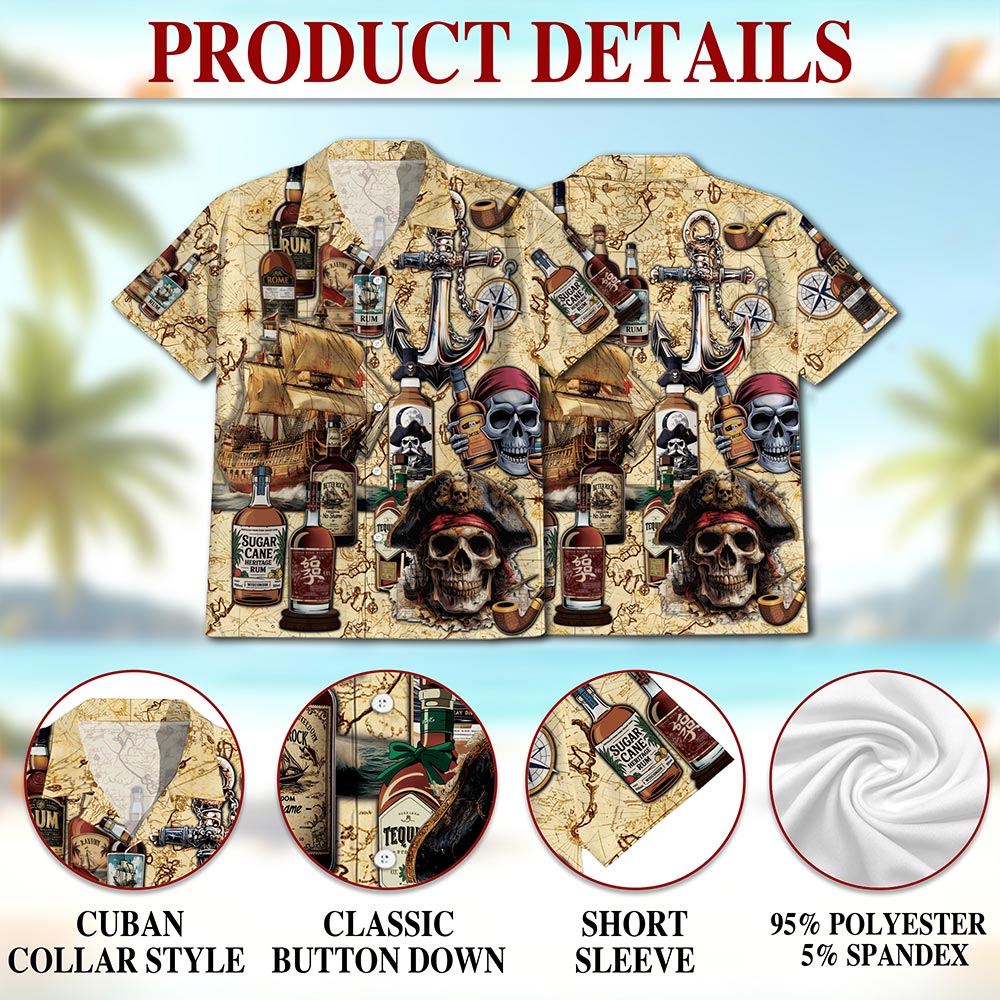 Netecom Drinking Rum Hawaiian Shirt for Men, Vintage Pirate Style, Button Down Summer Beach Short Sleeve, S-5XL