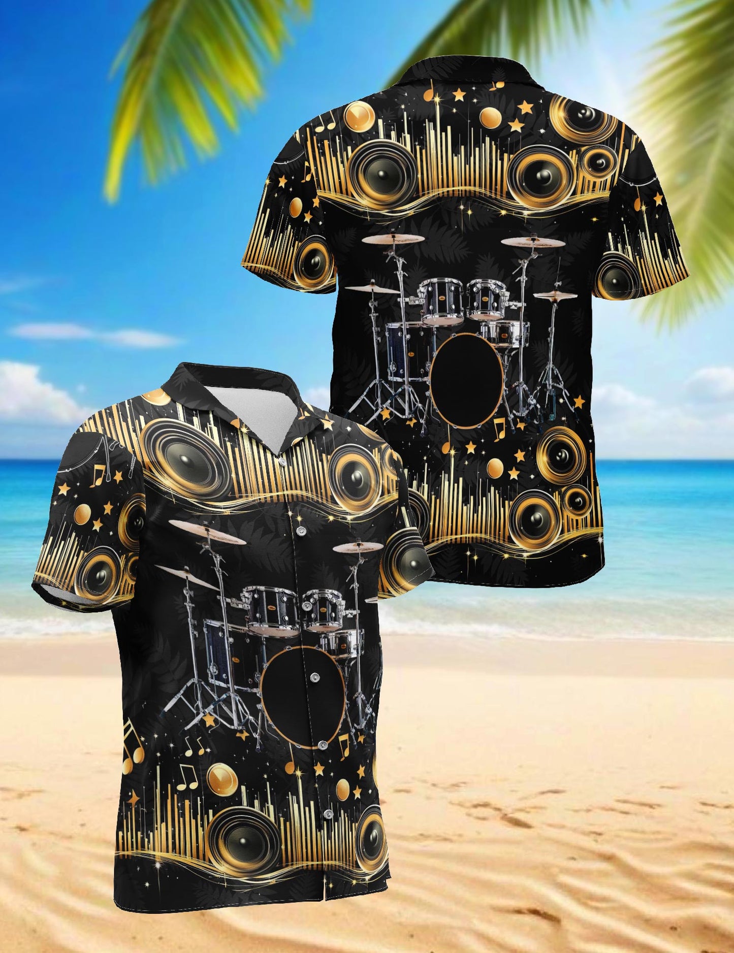 Netecom Drum Hawaiian Shirt for Men, Retro Style, Button Down Summer Beach Short Sleeve, S-5XL