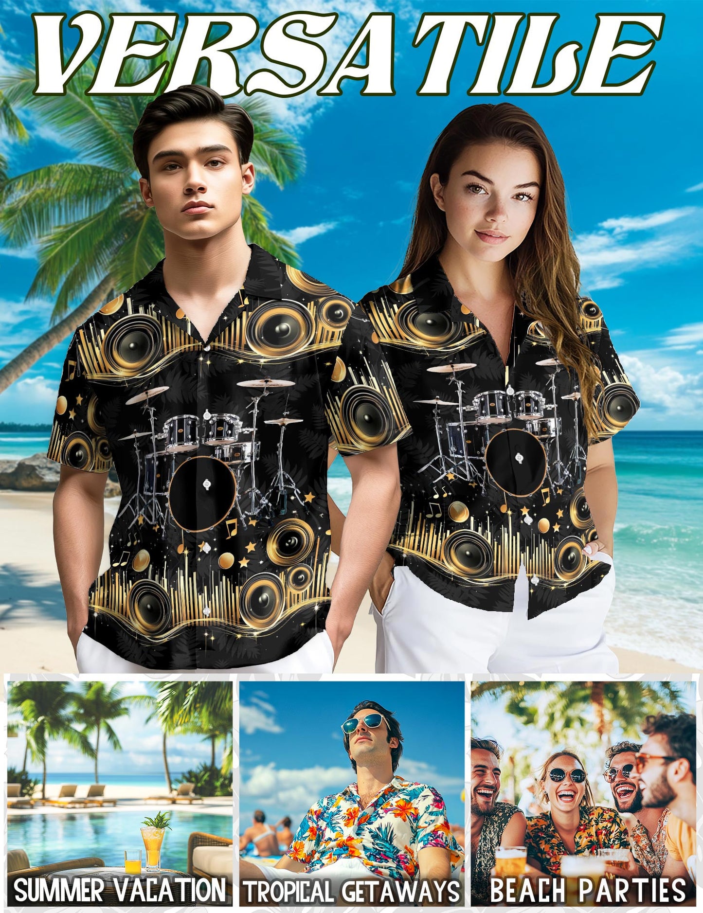 Netecom Drum Hawaiian Shirt for Men, Retro Style, Button Down Summer Beach Short Sleeve, S-5XL