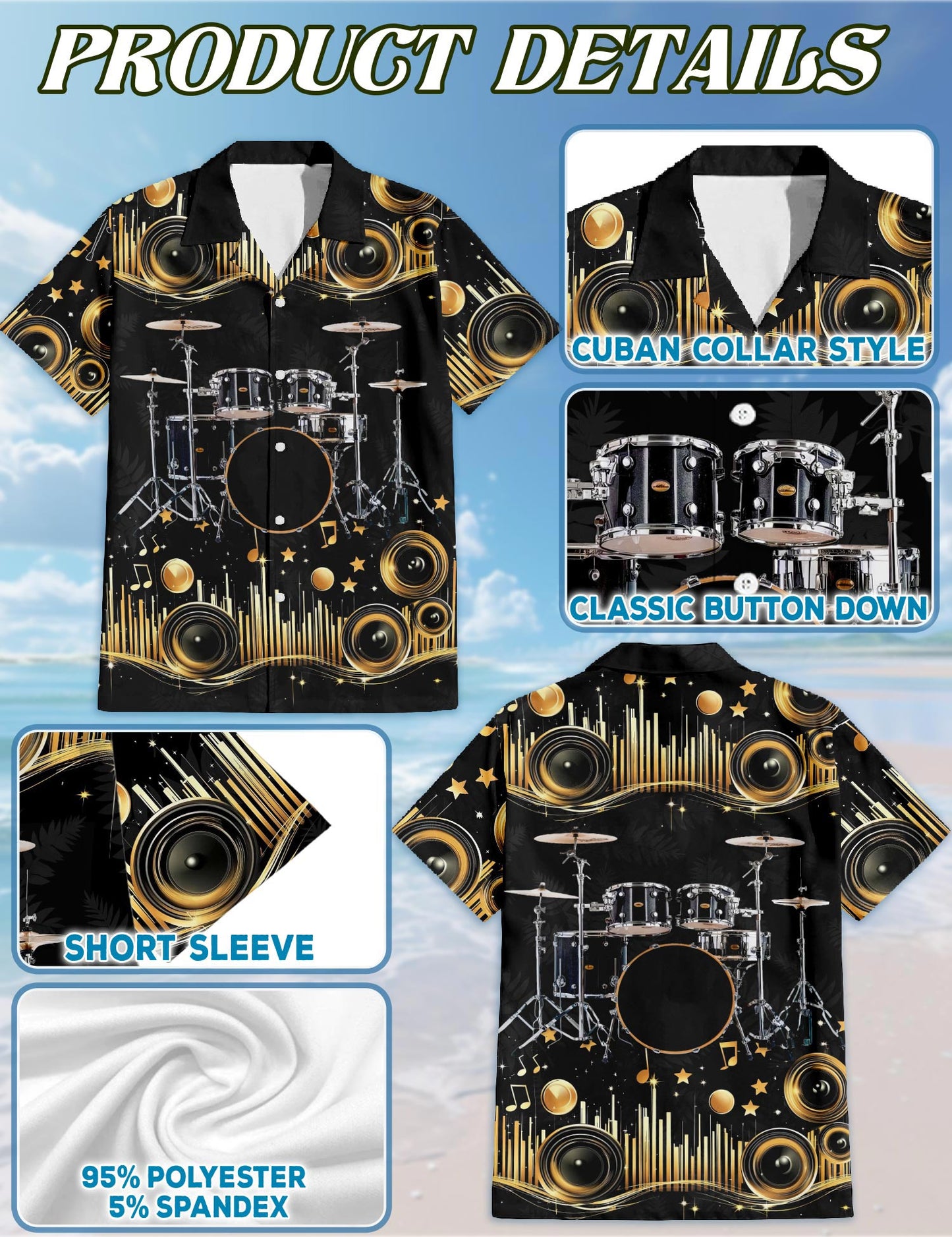 Netecom Drum Hawaiian Shirt for Men, Retro Style, Button Down Summer Beach Short Sleeve, S-5XL