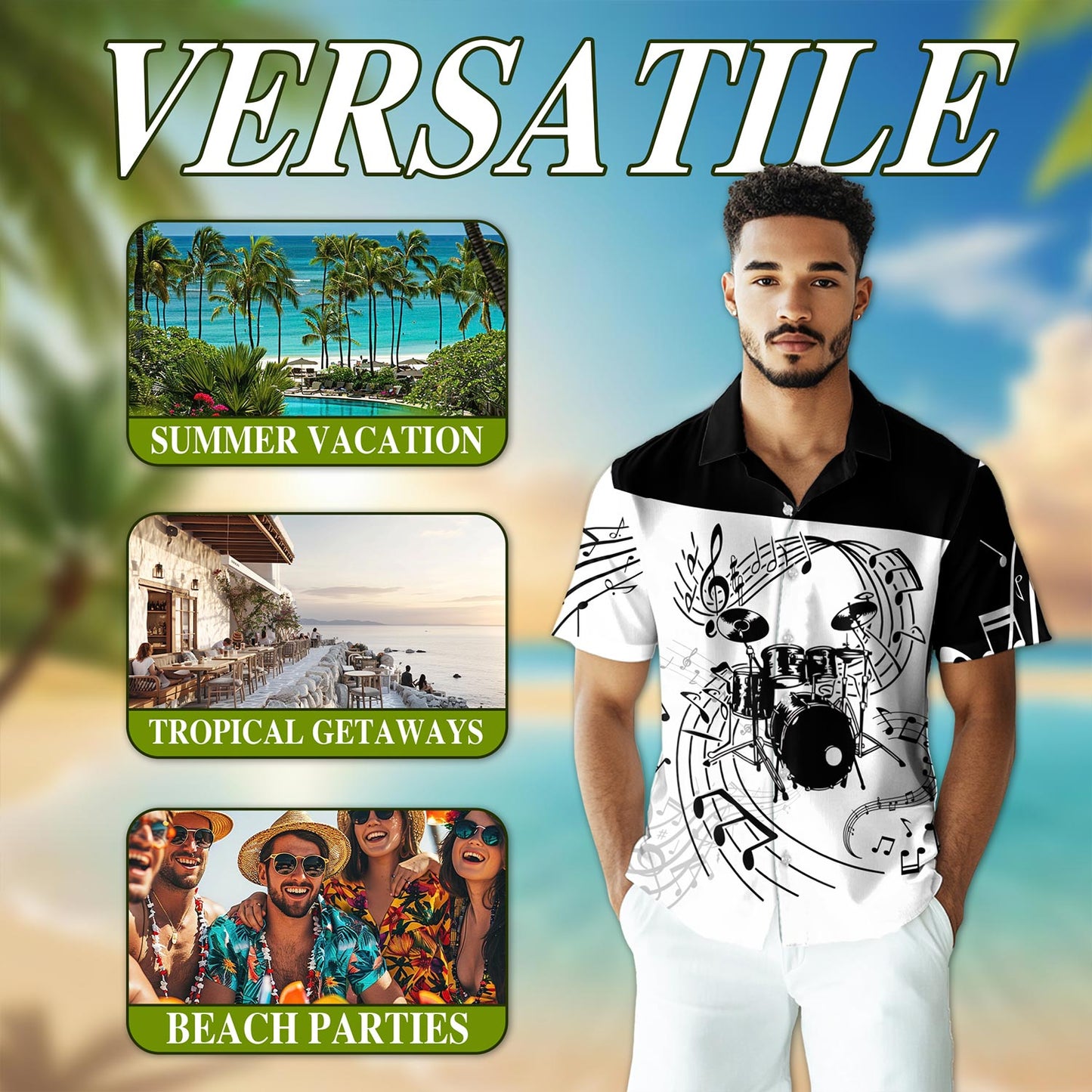 Netecom Drums For Music Hawaiian Shirt for Men, Vintage Style, Button Down Summer Beach Short Sleeve, S-5XL