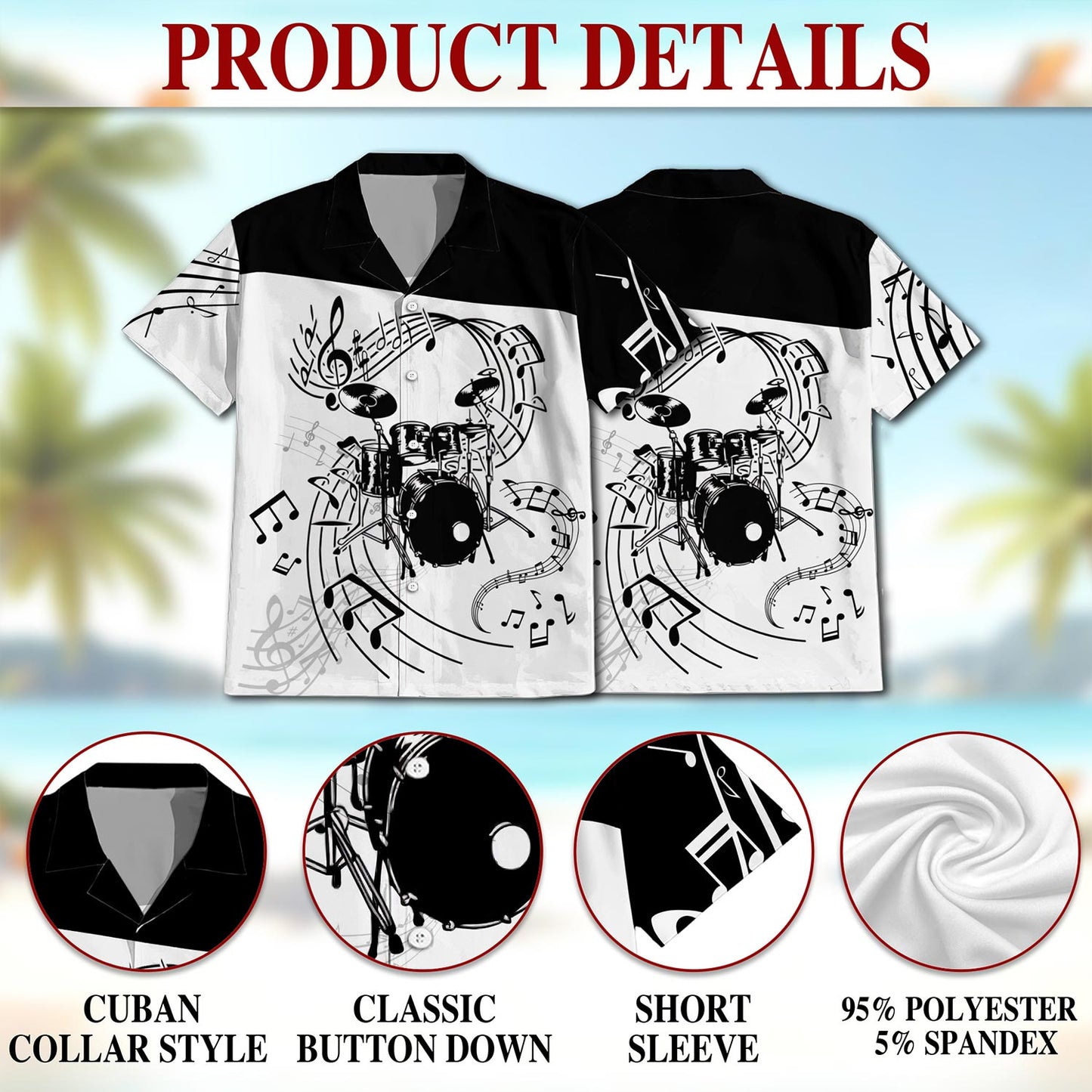 Netecom Drums For Music Hawaiian Shirt for Men, Vintage Style, Button Down Summer Beach Short Sleeve, S-5XL