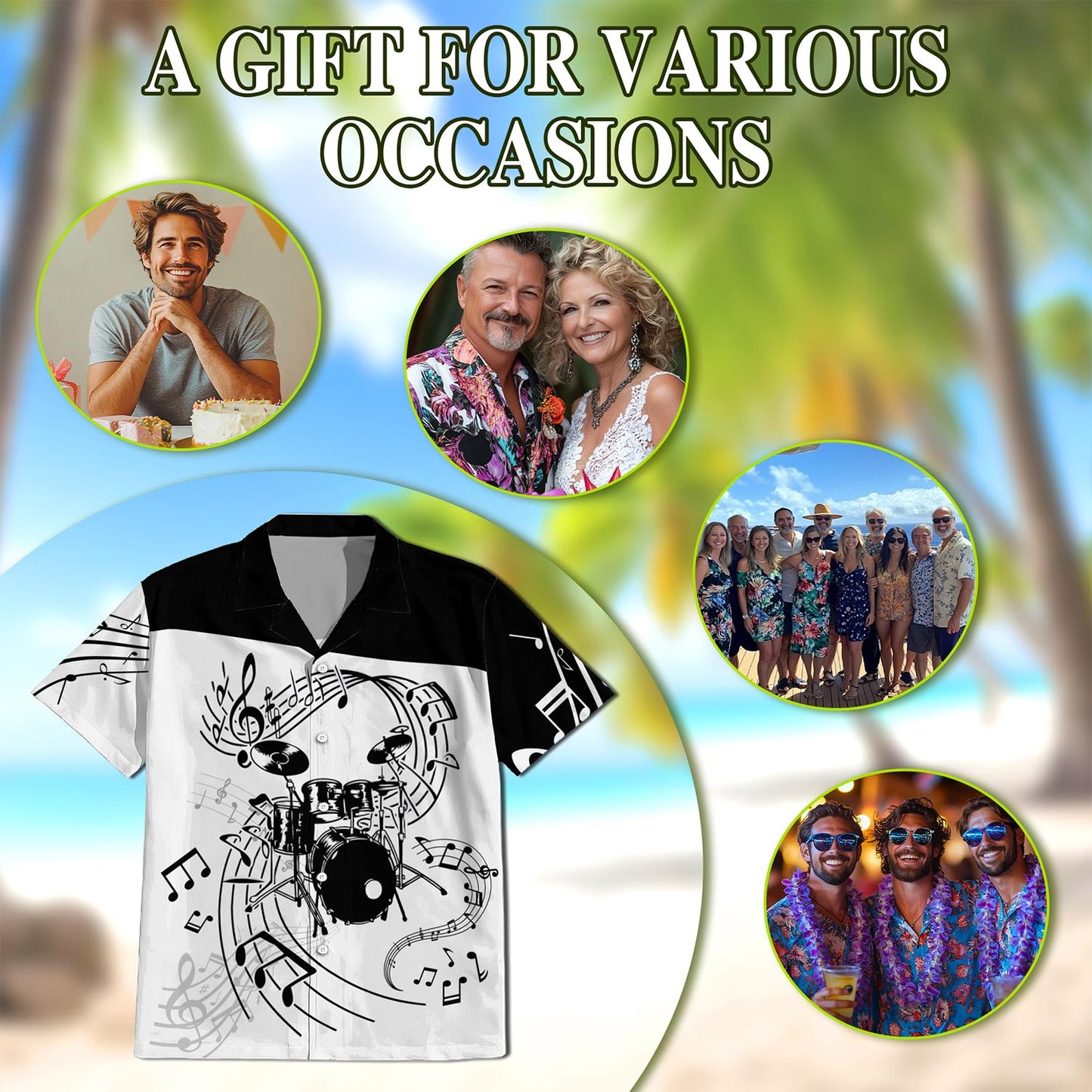 Netecom Drums For Music Hawaiian Shirt for Men, Vintage Style, Button Down Summer Beach Short Sleeve, S-5XL