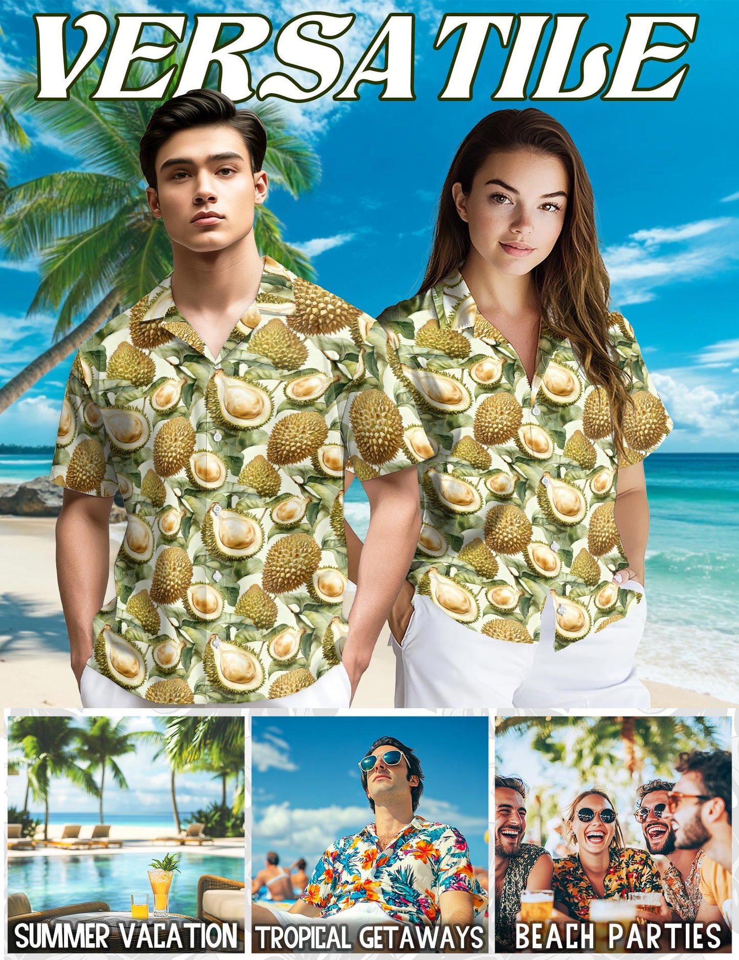 Netecom Durian Pattern Hawaiian Shirt for Men, Vintage Style, Button Down Summer Beach Short Sleeve, S-5XL