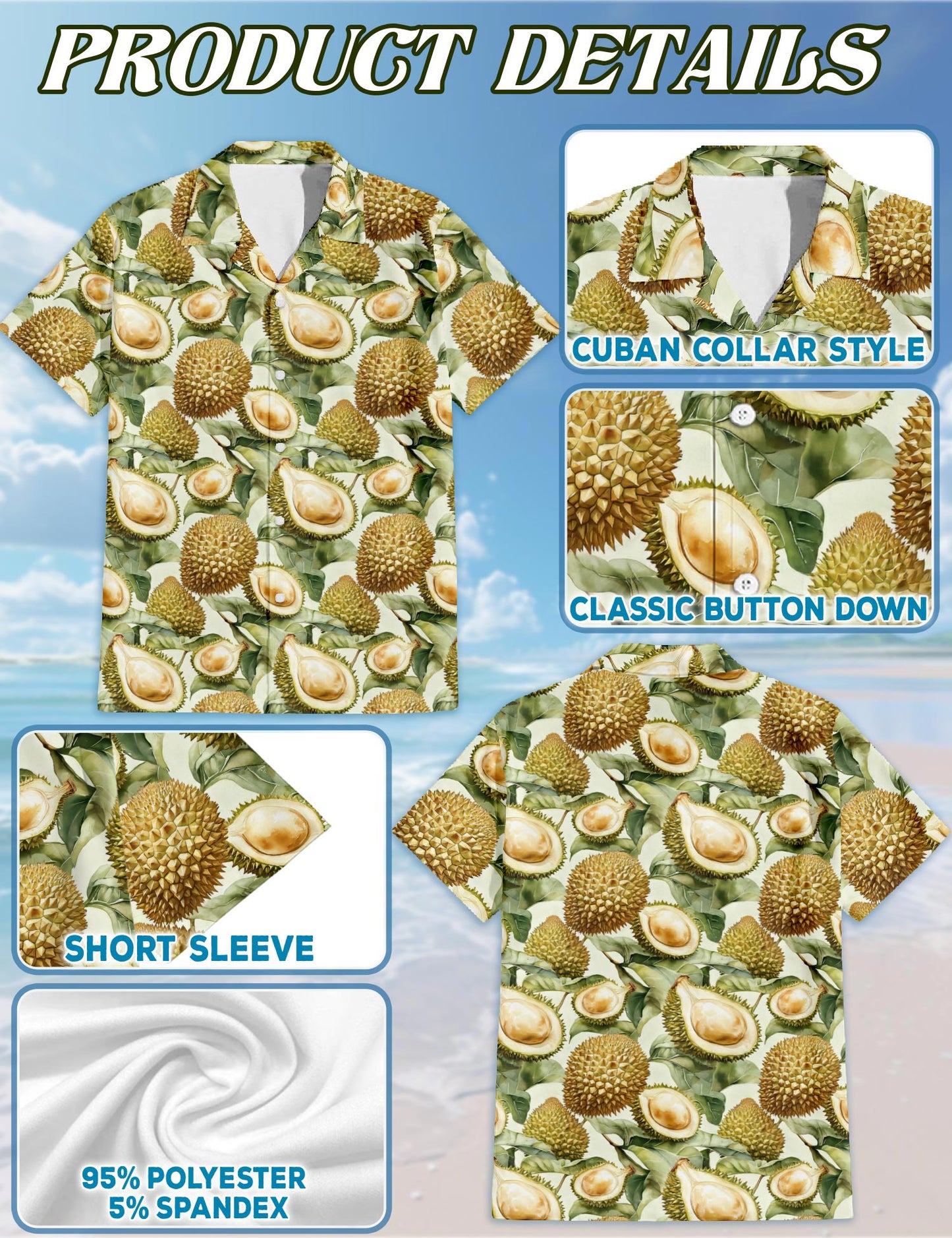 Netecom Durian Pattern Hawaiian Shirt for Men, Vintage Style, Button Down Summer Beach Short Sleeve, S-5XL