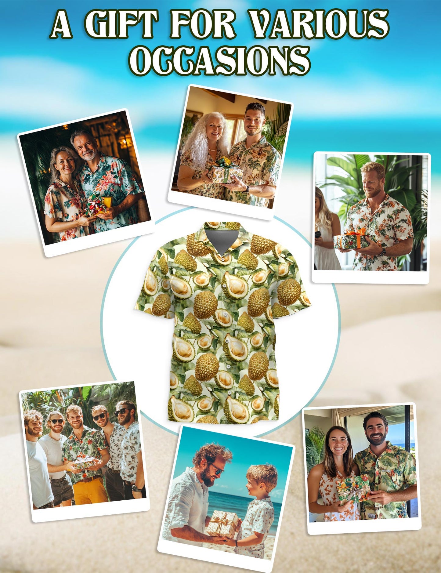 Netecom Durian Pattern Hawaiian Shirt for Men, Vintage Style, Button Down Summer Beach Short Sleeve, S-5XL
